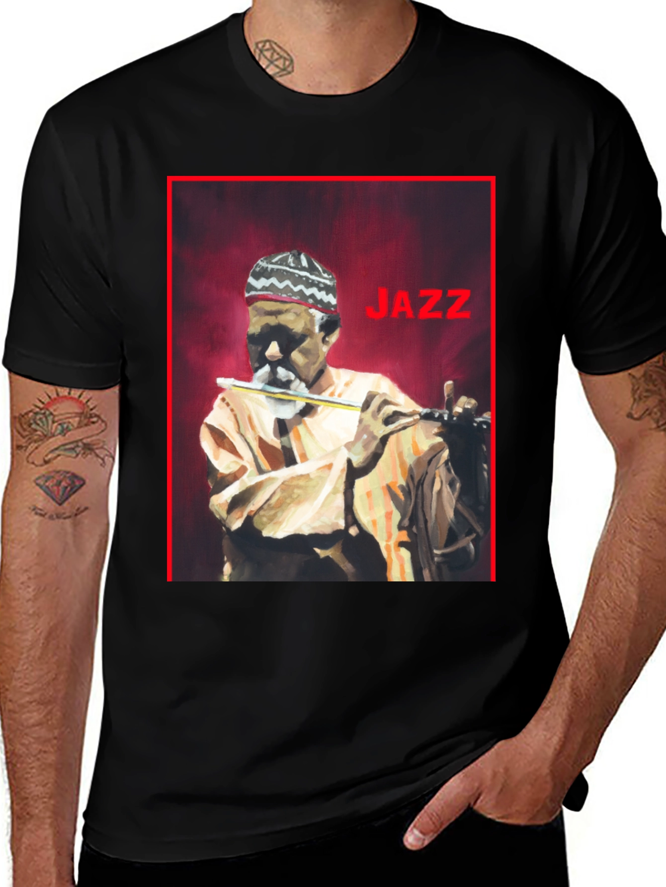 Variant 23 of Jazz Musician Portrait Tee - Black Cotton Blend