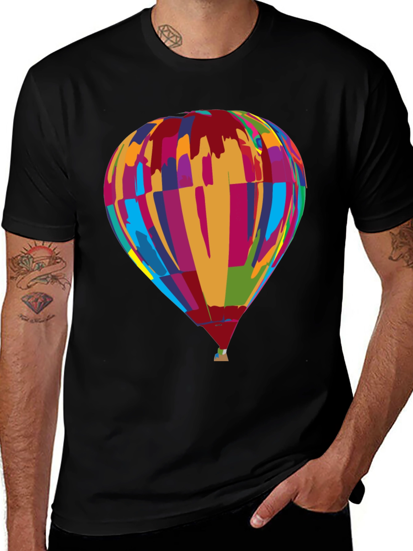 Variant 14 of Colorful Hot Air Balloon Graphic Tee - Soft Black Cotton