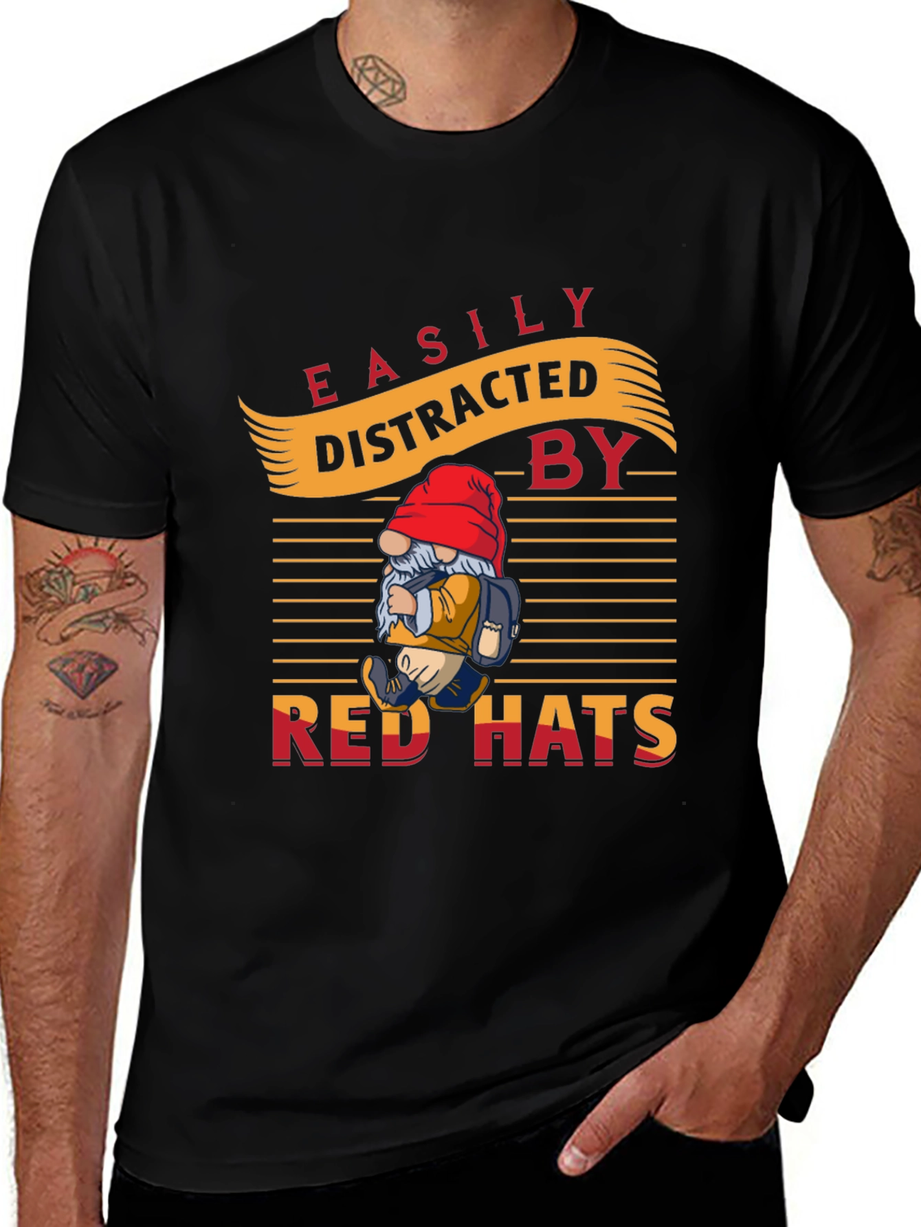 Variant 29 of Easily Distracted by Red Hats T-Shirt - Novelty Gnome Design