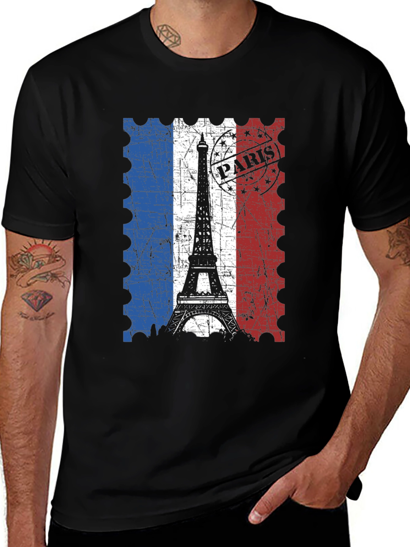 Paris Eiffel Tower Stamp Black T-Shirt