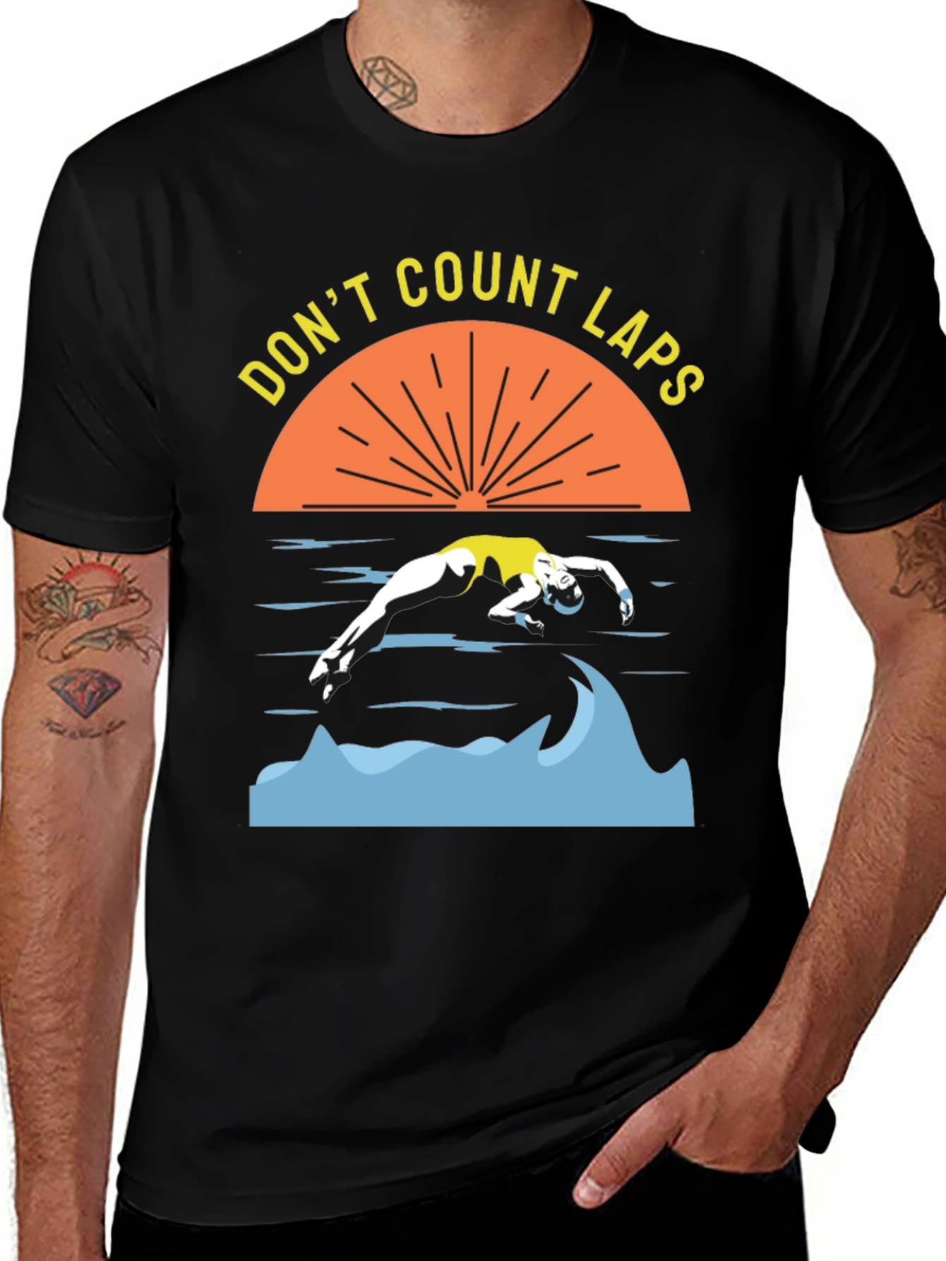 Variant 28 of Don't Count Laps Black T-Shirt - Swimmer Design