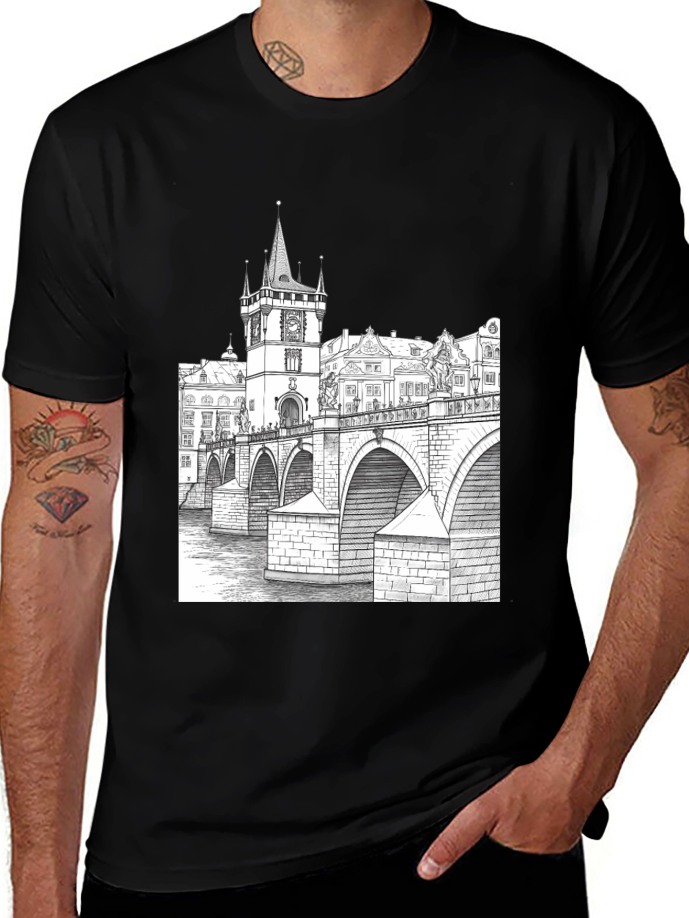 Variant 14 of Prague Bridge Graphic Tee - Black Cotton