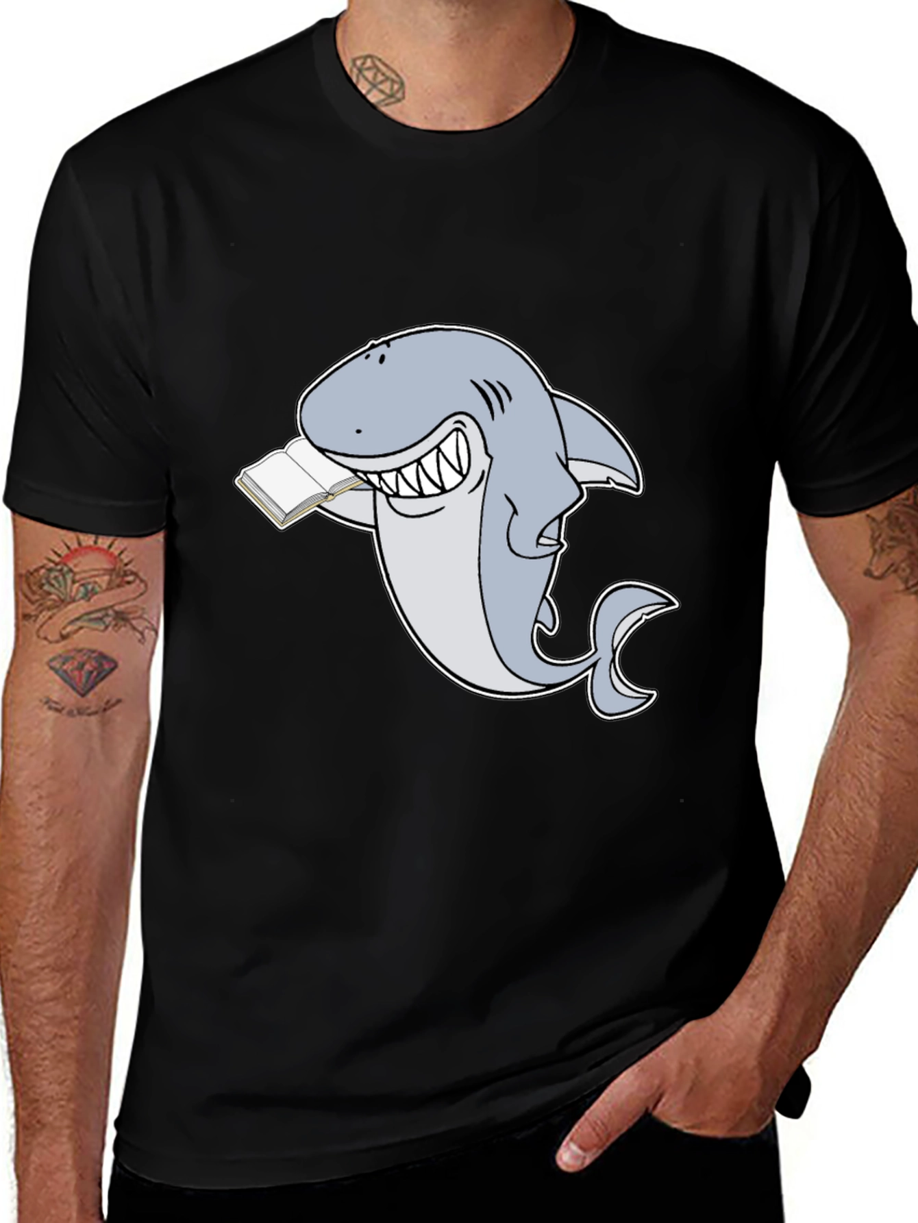 Variant 2 of Funny Reading Shark T-Shirt - Black