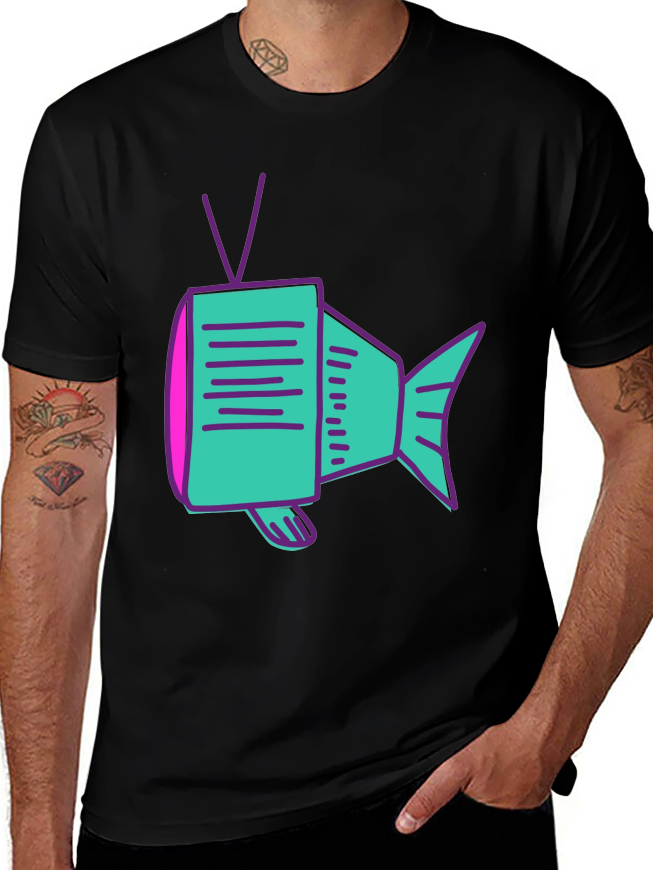 Variant 23 of Retro TV Fish Graphic Tee - Black Unisex T-Shirt