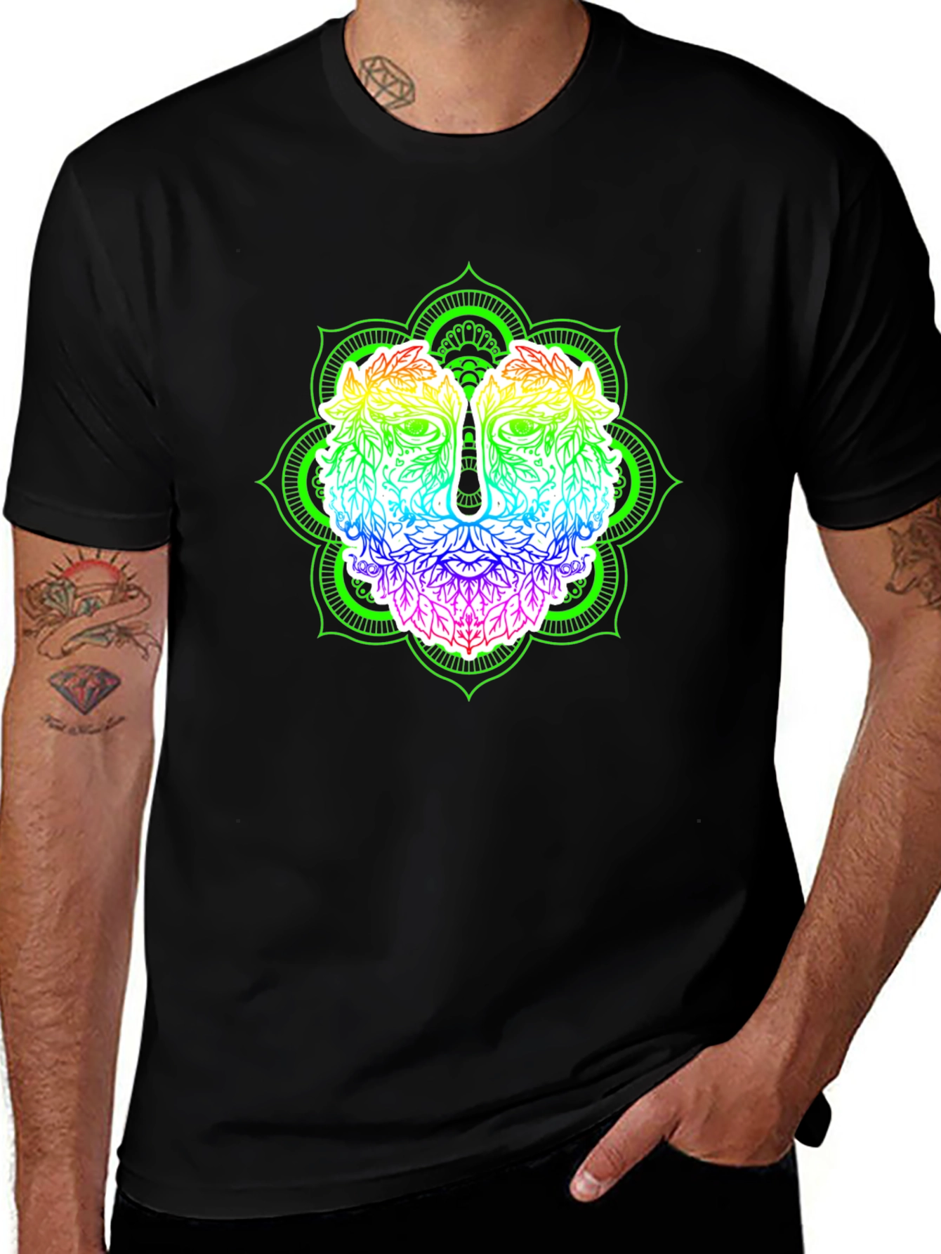 Rainbow Green Man Mandala Black T-Shirt
