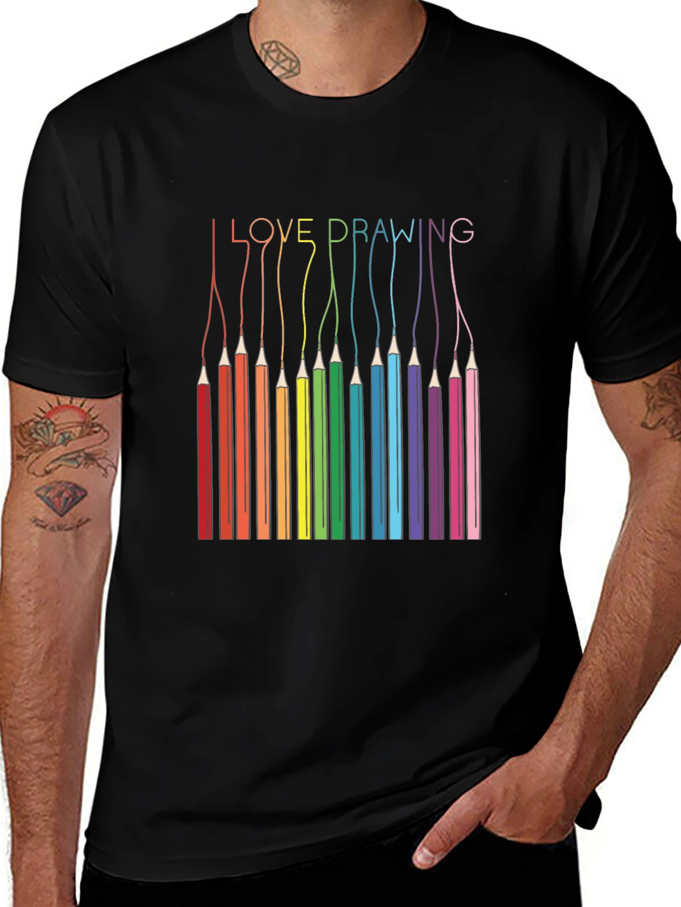 Black I Love Drawing T-Shirt - Rainbow Pencils main image