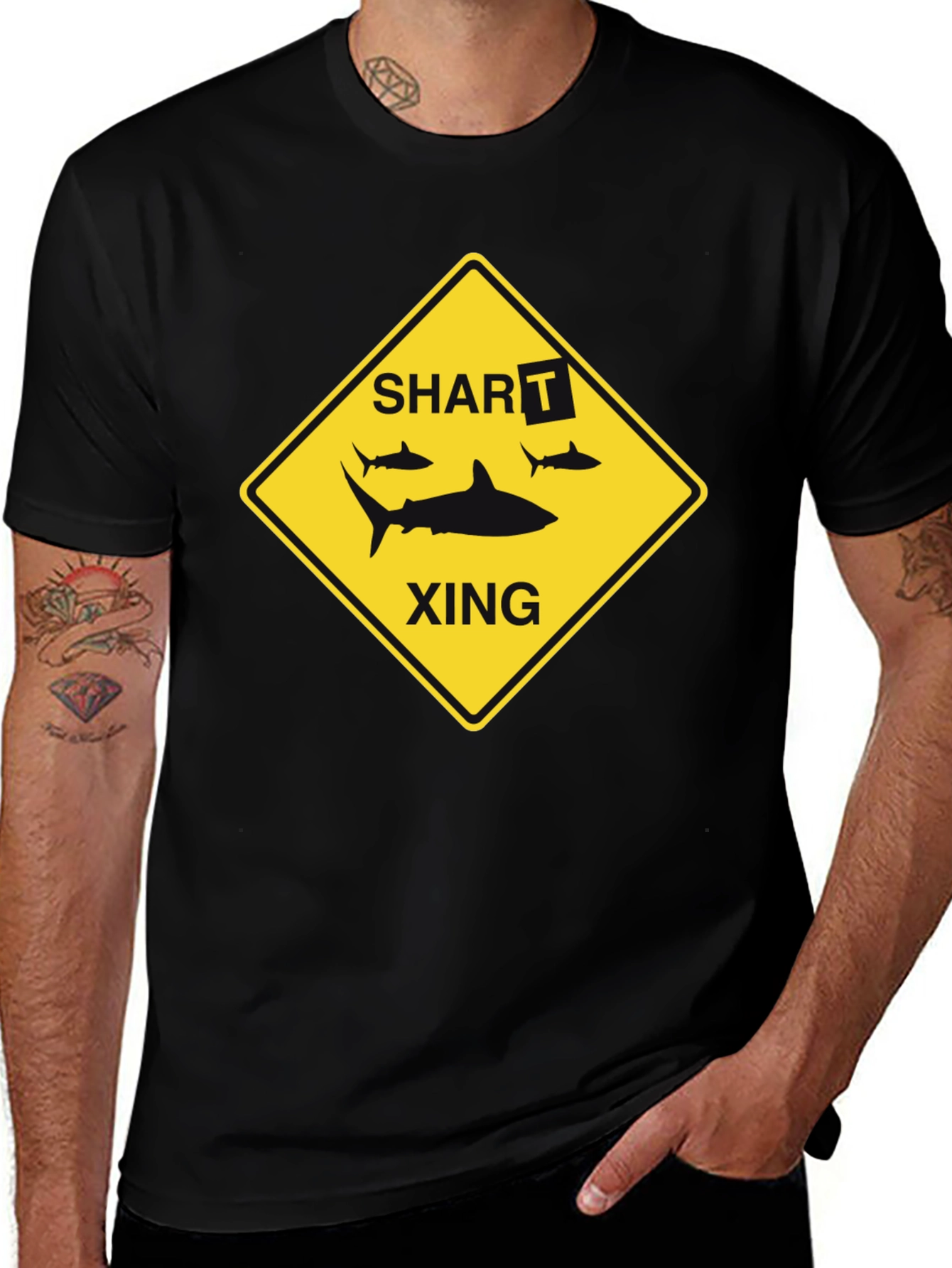 Variant 10 of Shark Crossing Black Crewneck T-Shirt Novelty