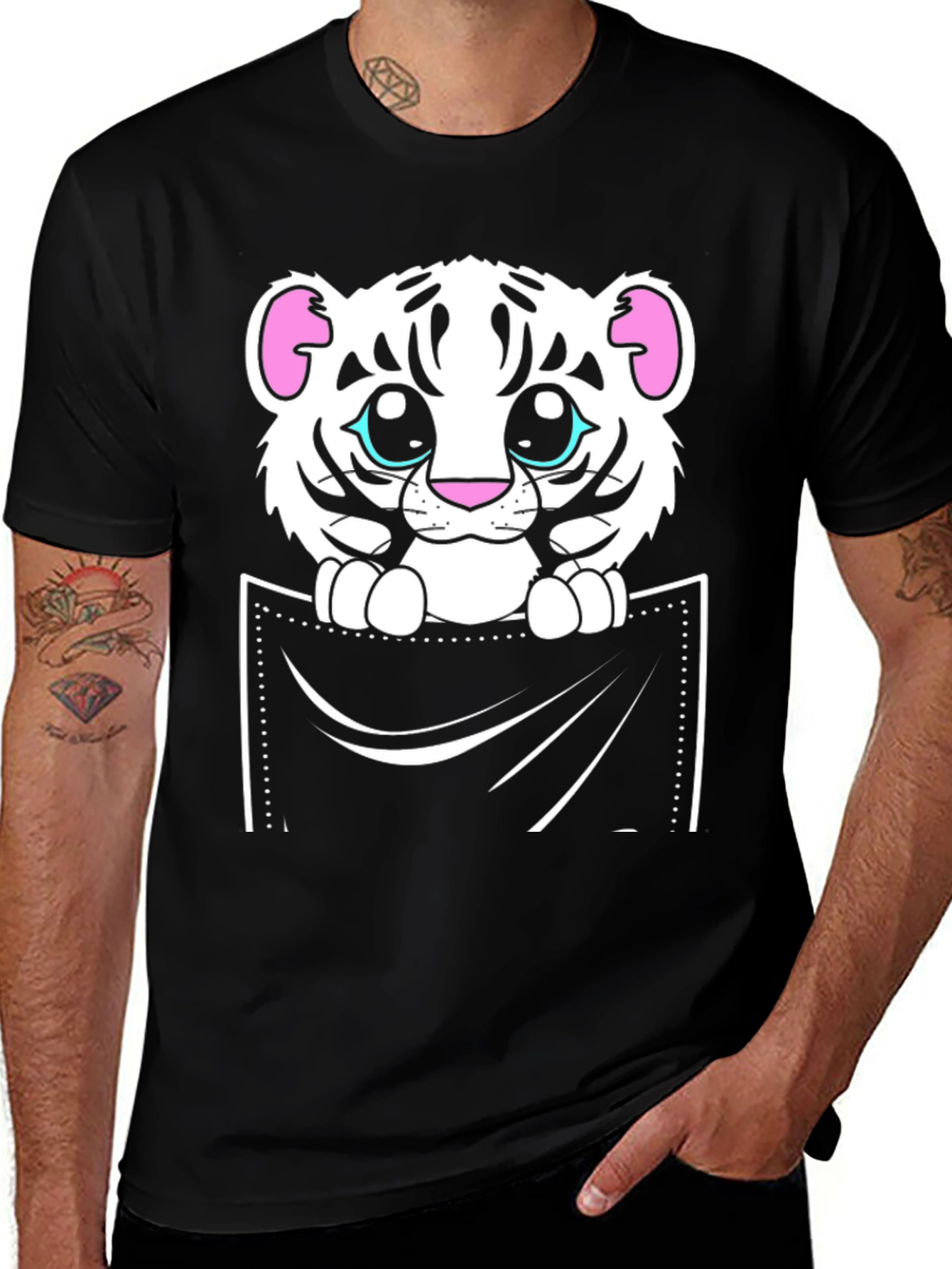 Black Cute White Tiger Pocket T-Shirt main image
