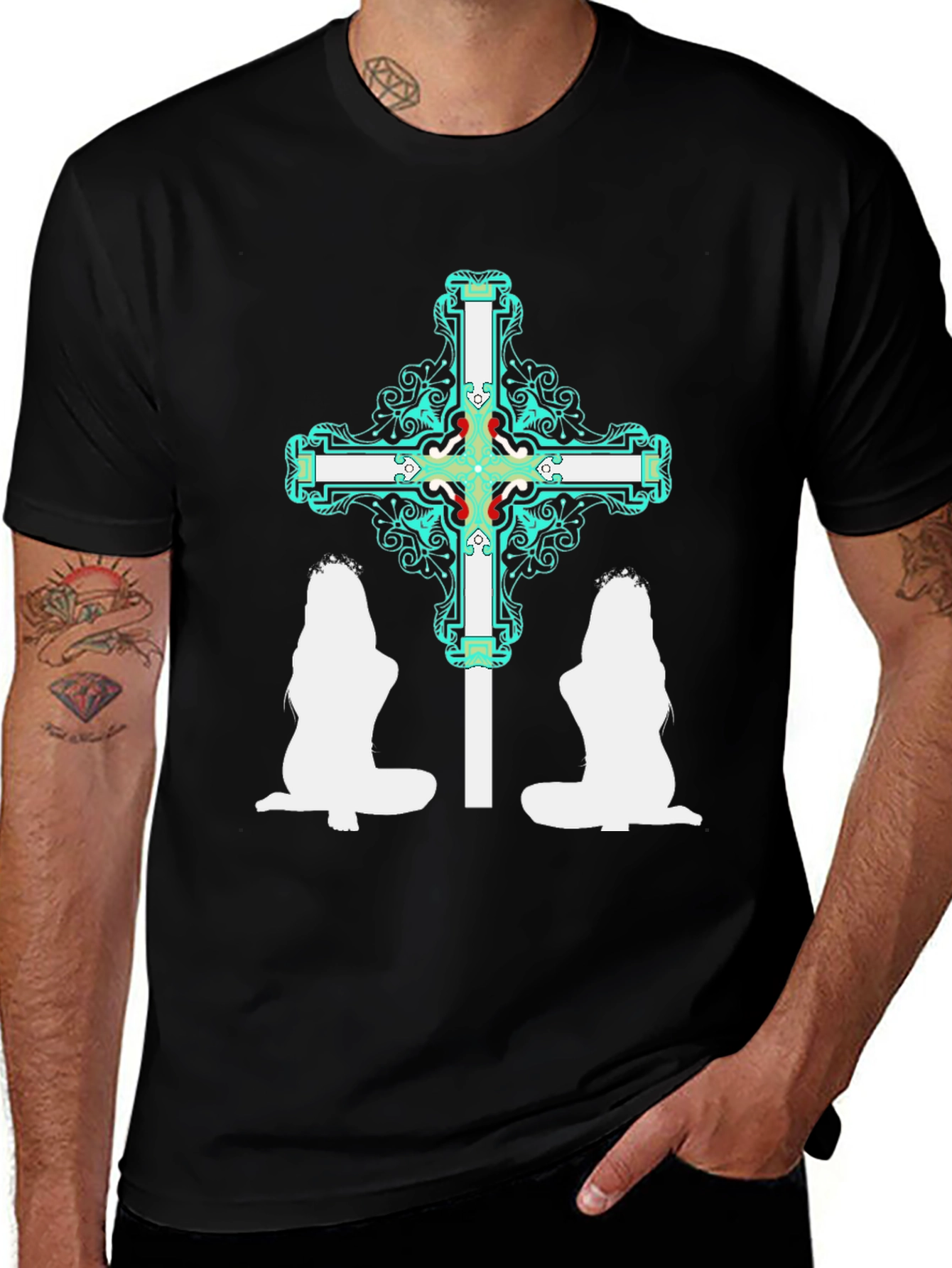 Variant 28 of Cross Praying Silhouette Graphic Tee - Black