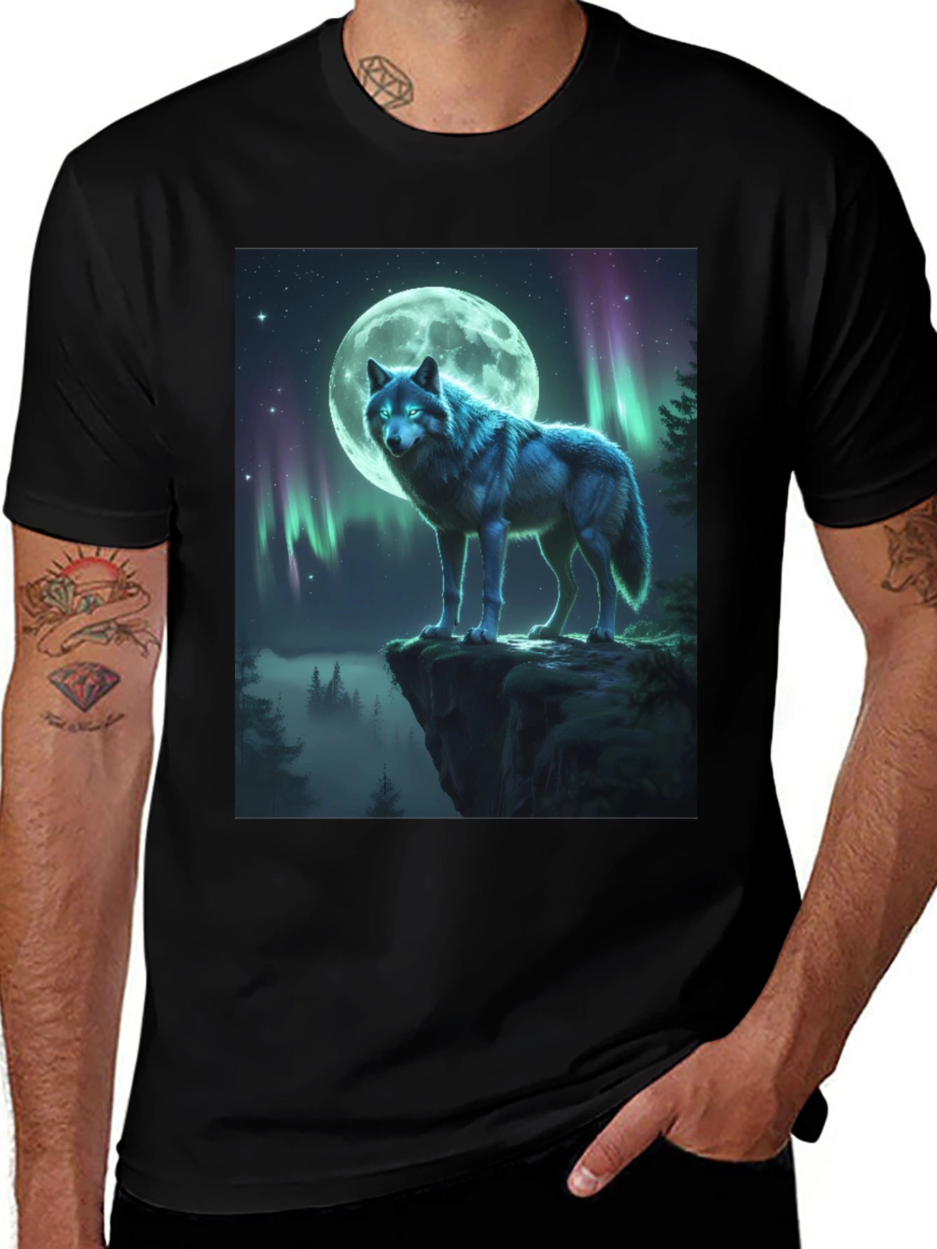 Variant 7 of Wolf Moon Graphic Tee - Aurora Night