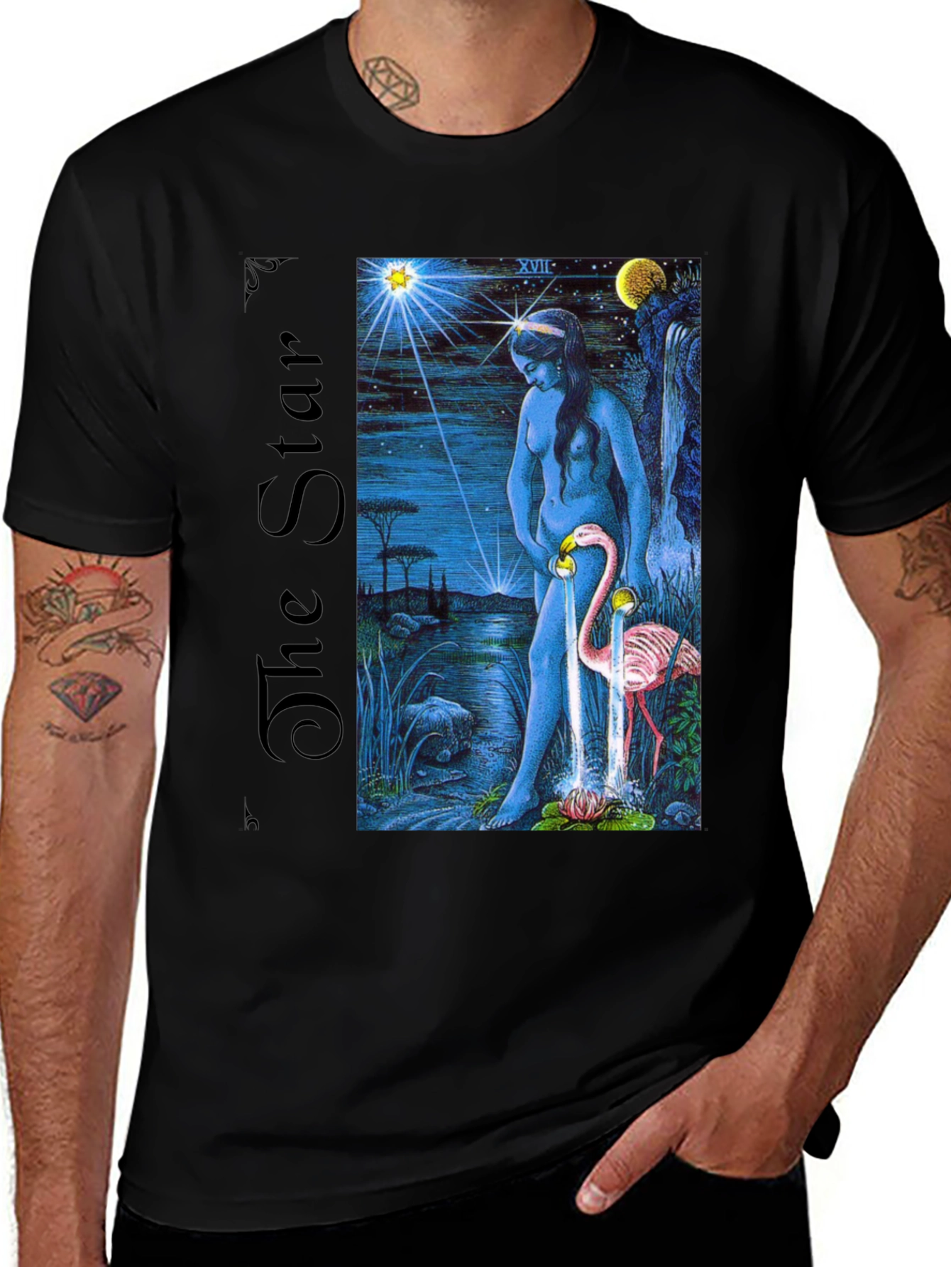 Variant 3 of The Star Tarot Card Graphic Print Black T-Shirt