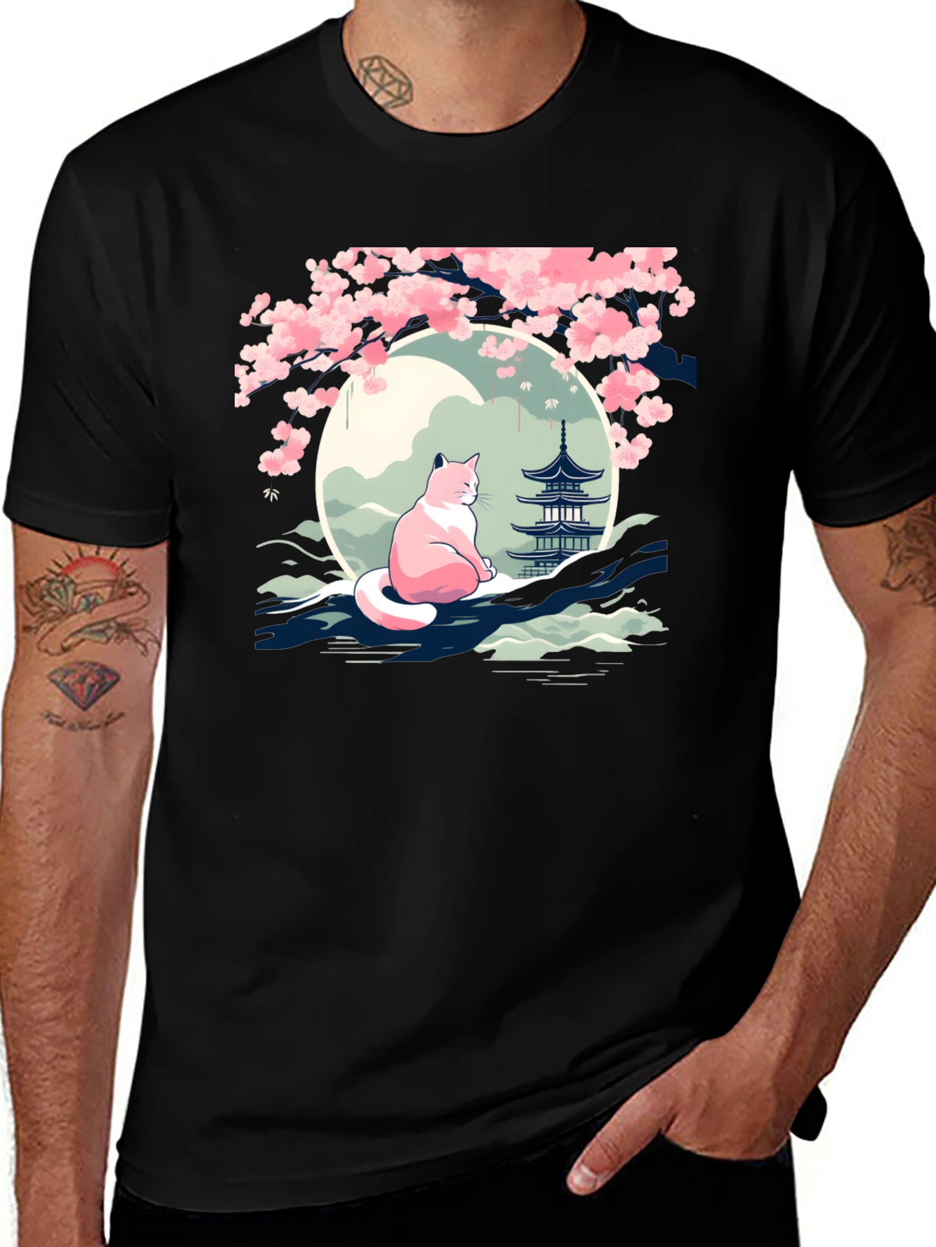 Variant 13 of Cherry Blossom Cat T-Shirt - Zen Style