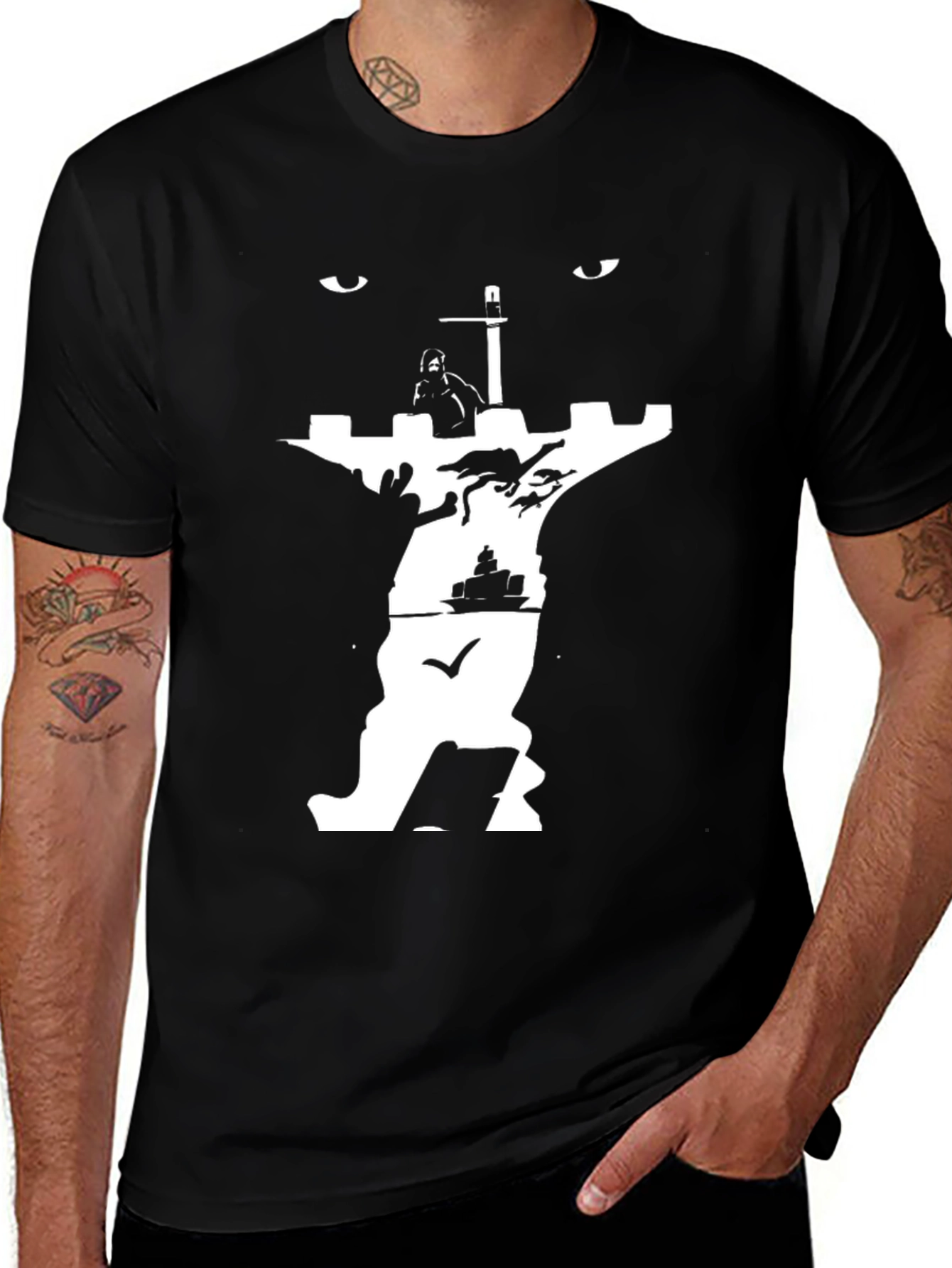 Variant 16 of Optical Illusion Castle Faces Graphic Tee - Black