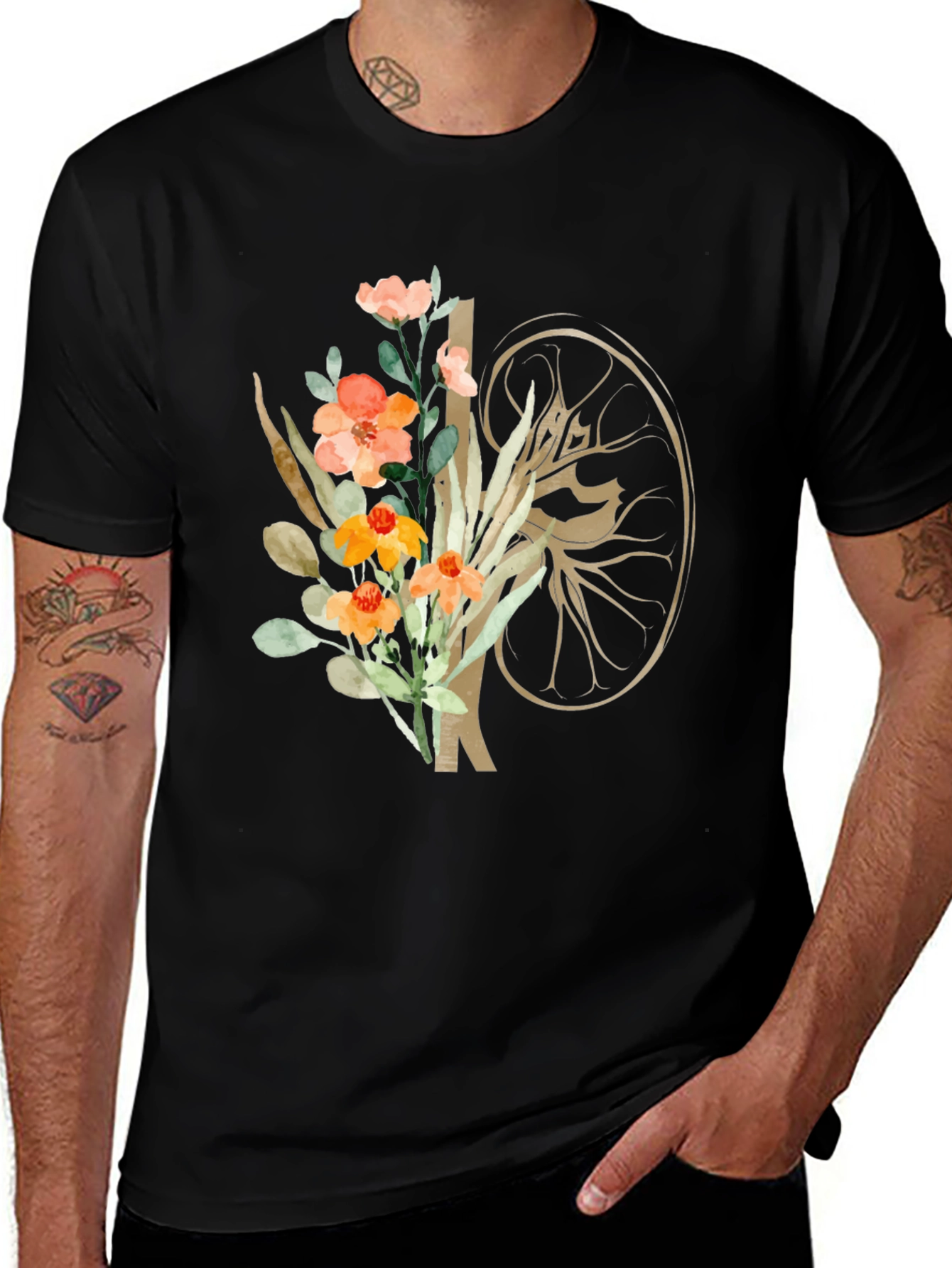 Variant 27 of Floral Kidney Anatomy Black T-Shirt