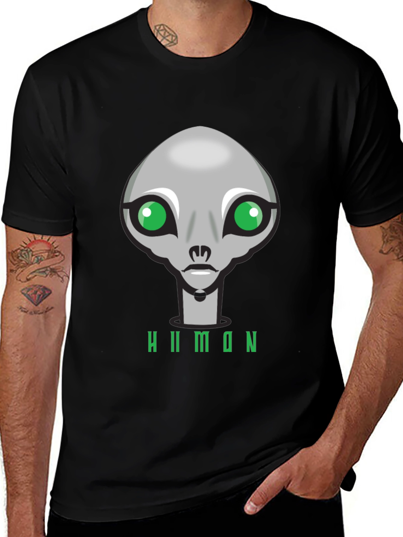 Variant 20 of Alien Graphic T-Shirt - "Human" Design, Black Cotton
