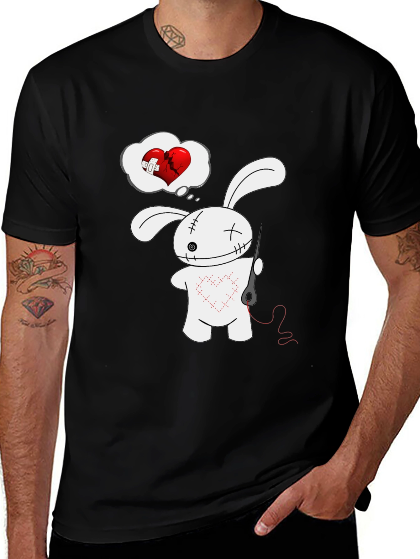 Variant 5 of Stitched Heart Bunny Graphic Tee - Black Cotton Shirt