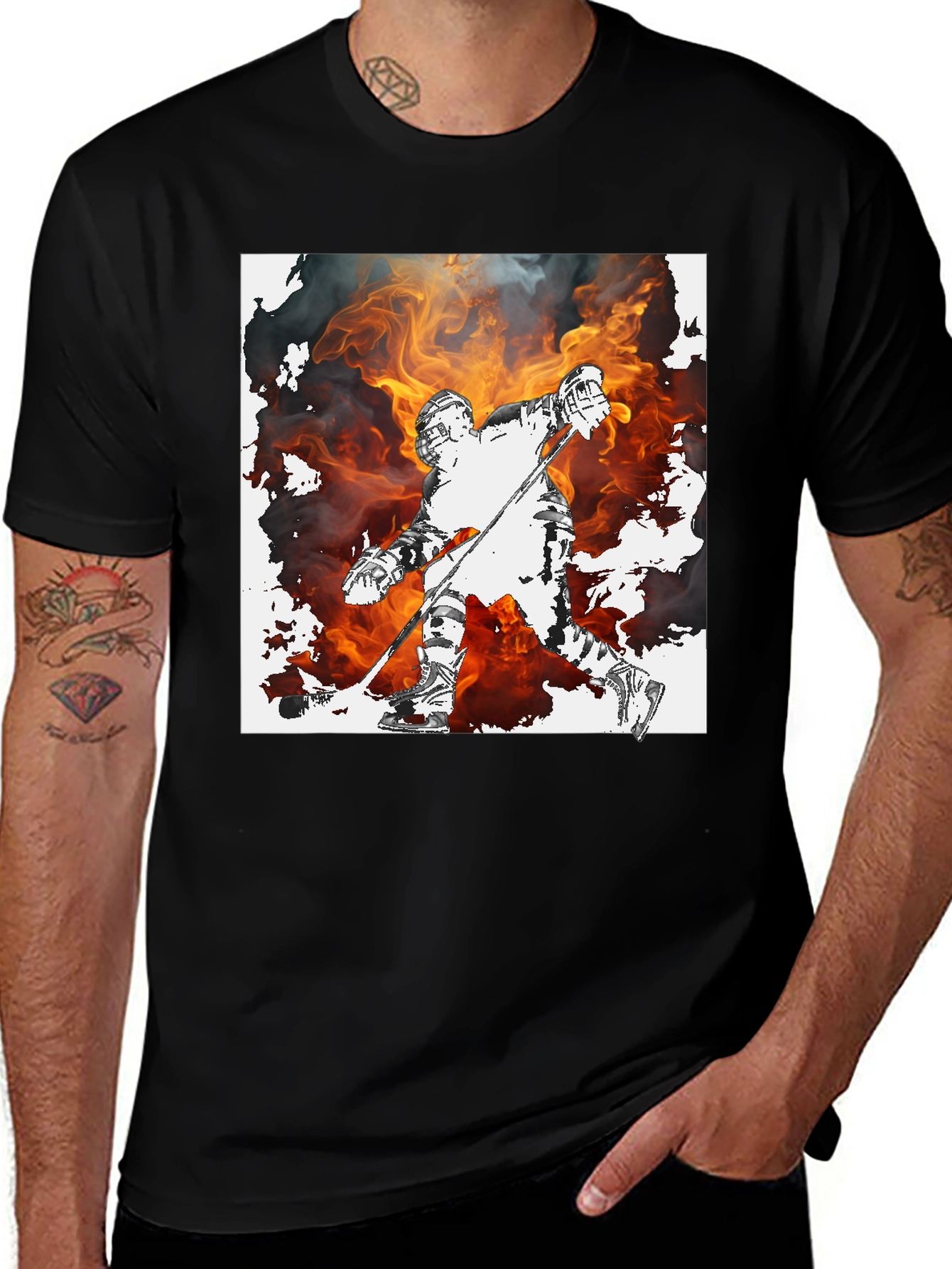 Variant 19 of Fiery Hockey Player Graphic T-Shirt - Black