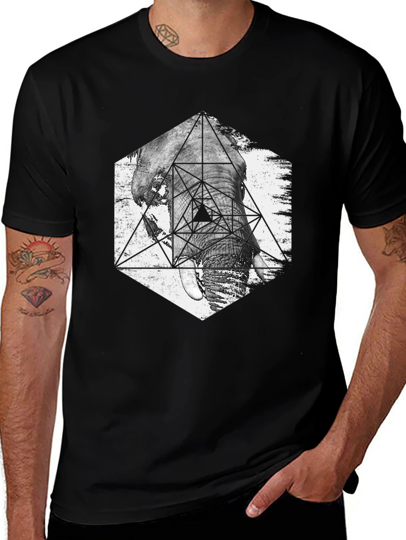 Variant 20 of Geometric Elephant T-Shirt - Black Graphic Tee