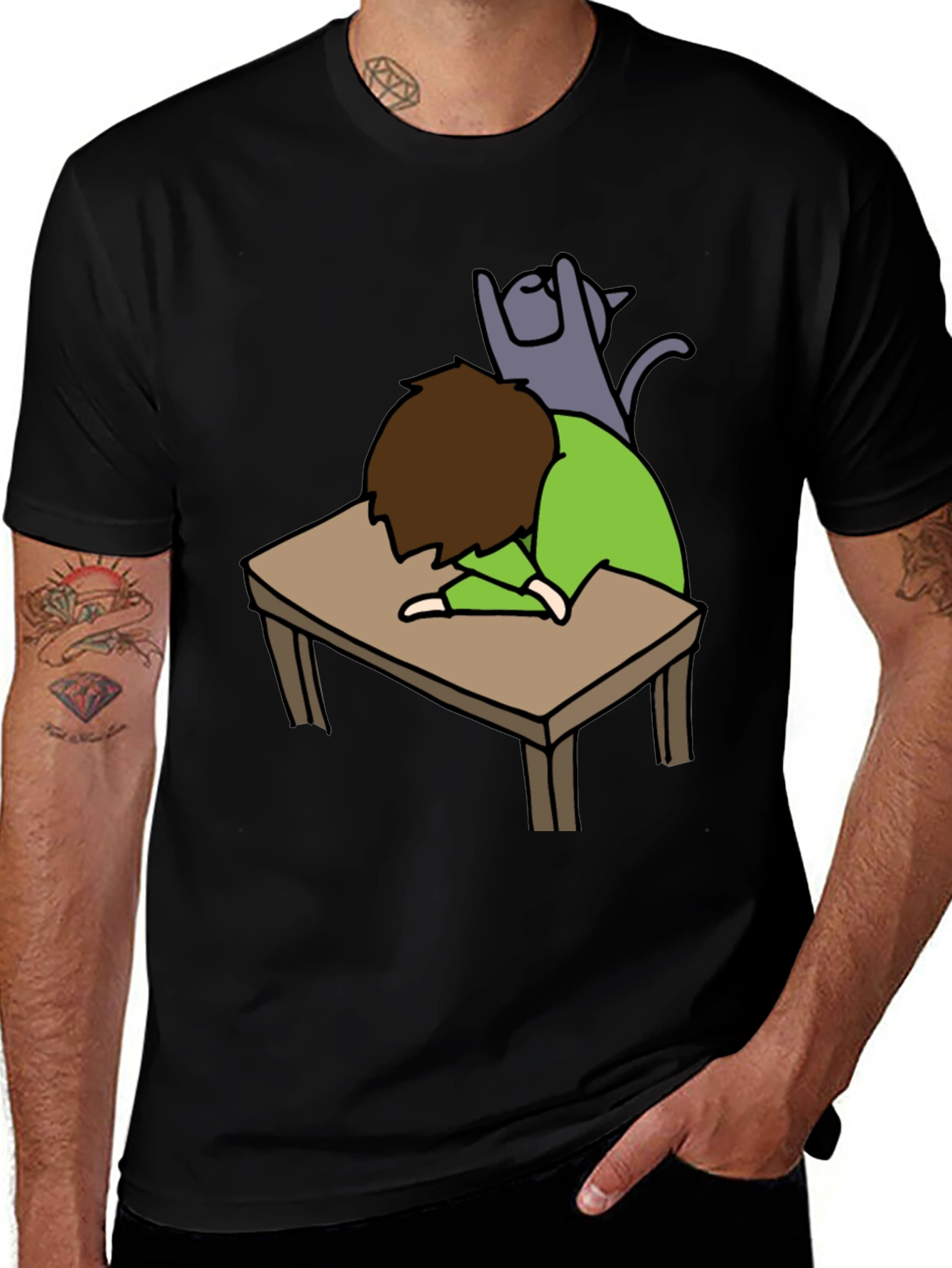 Variant 30 of Man's Black T-shirt - Sleeper with Cat Graphic