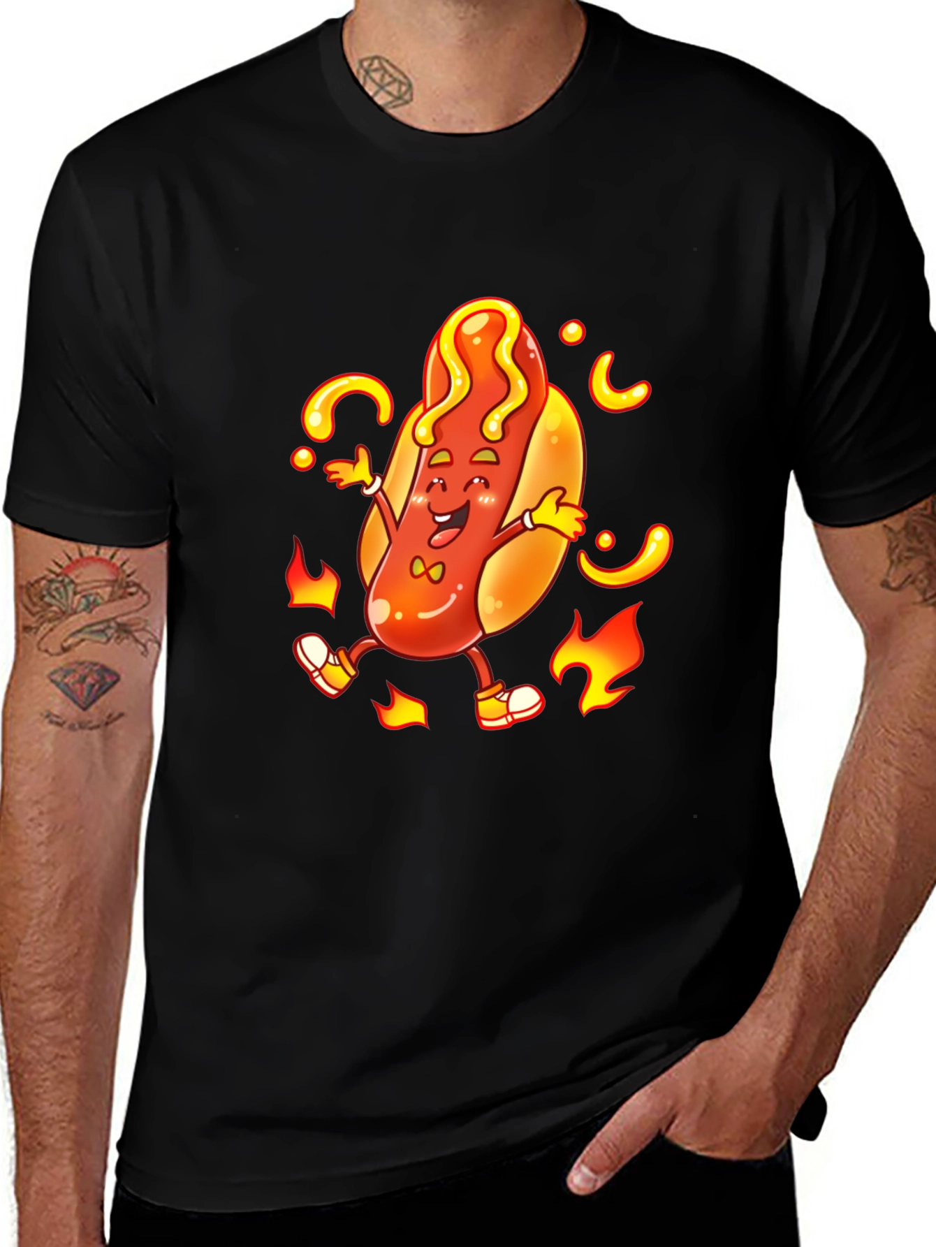 Variant 7 of Cartoon Hotdog Graphic T-Shirt - Unisex Black Tee