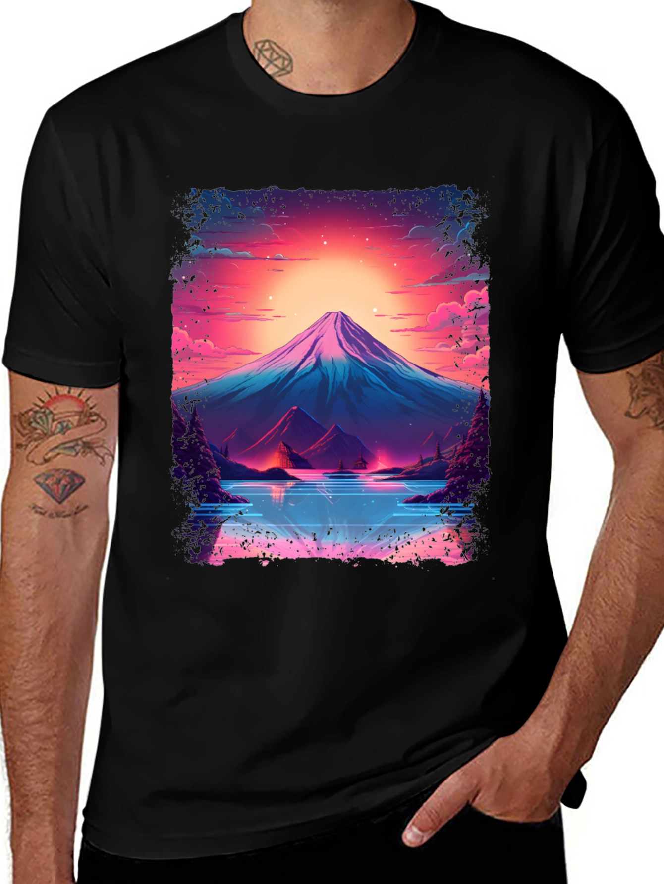 Neon Mountain Lake T-Shirt - Black Cotton Blend