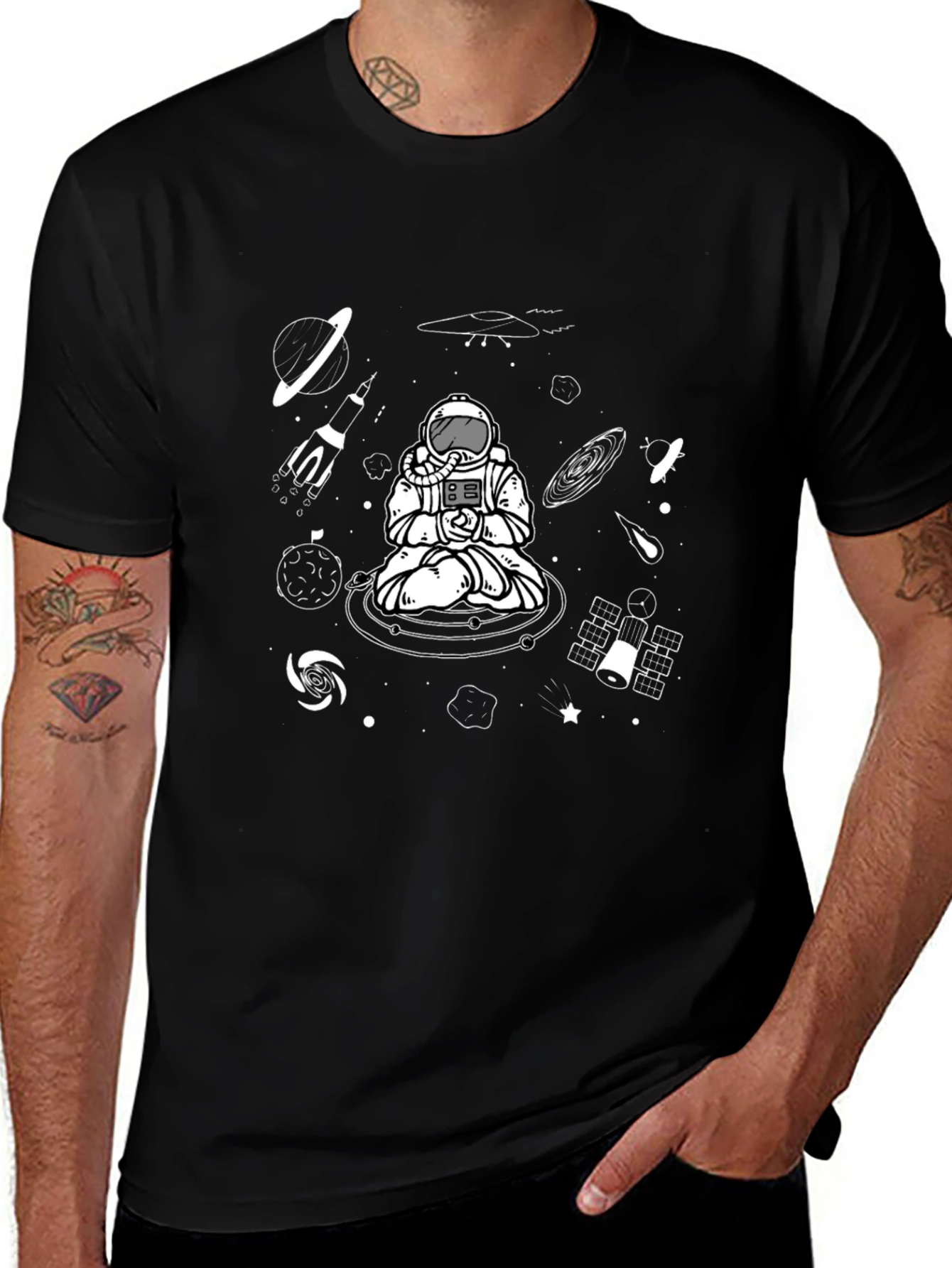 Astronaut Meditation Black T-Shirt - Space Design