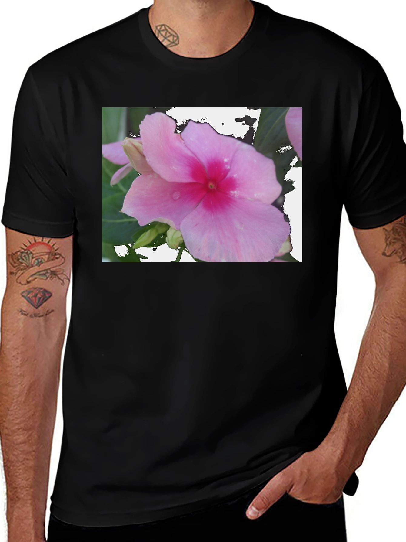 Black Pink Flower Graphic Black T-Shirt main image