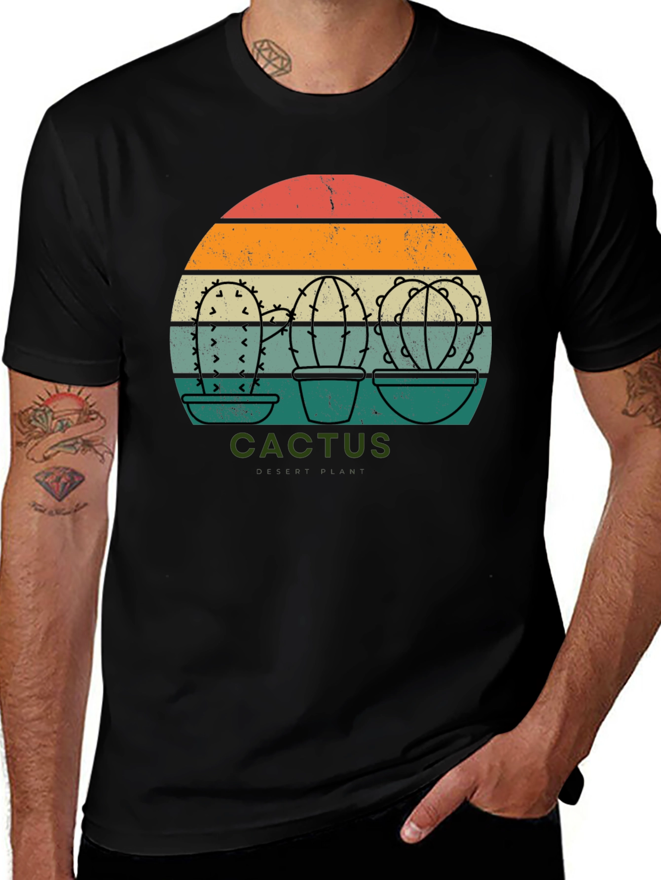 Variant 3 of Retro Cactus Sunset Graphic Tee - Black