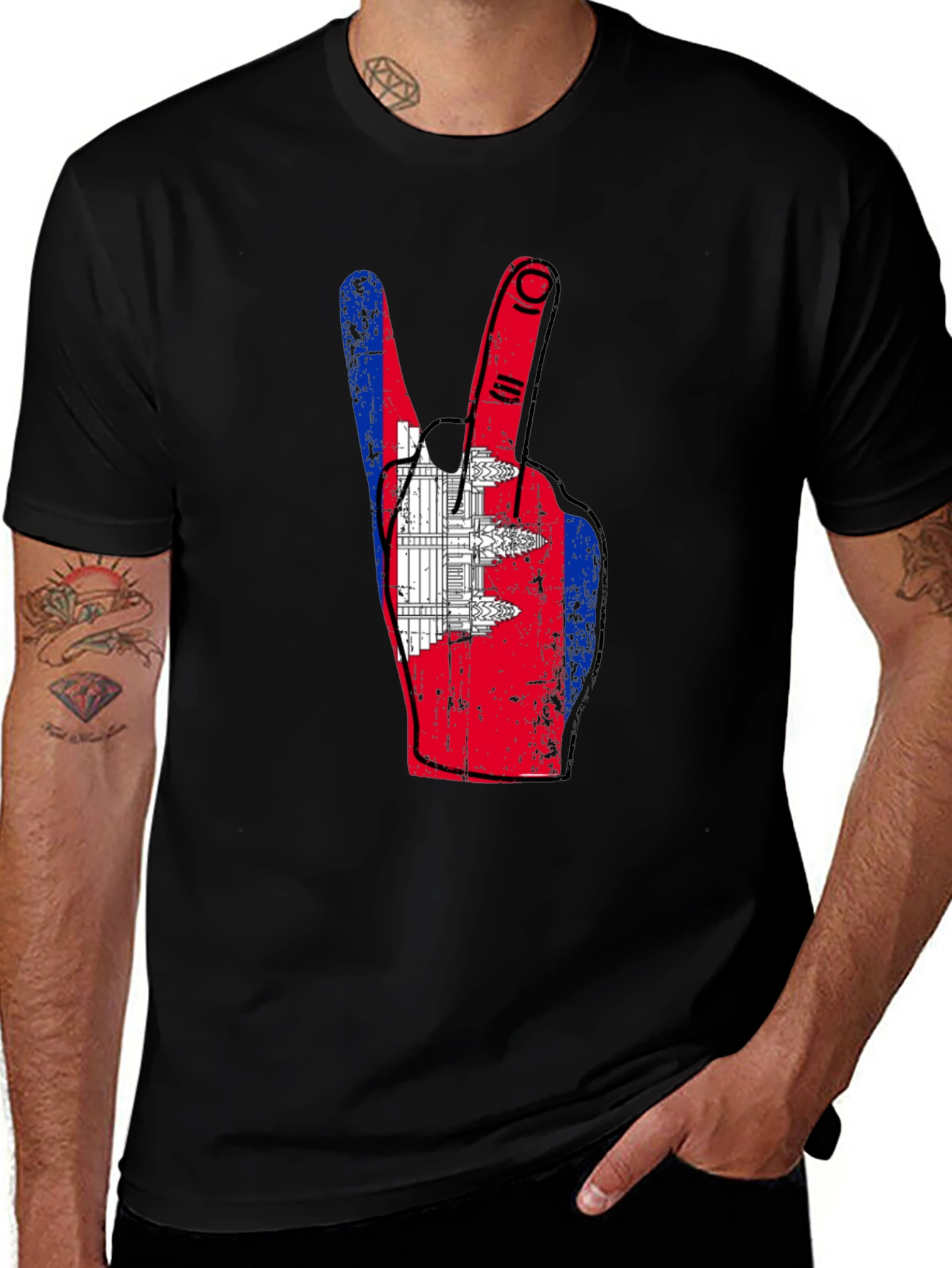 Cambodia Flag Peace Sign Graphic Tee - Black