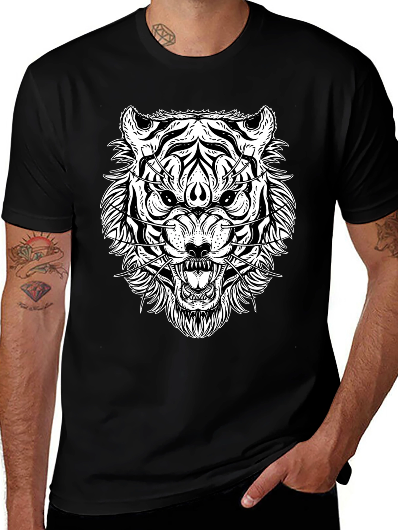 Variant 2 of Black T-Shirt with White Tiger Graphic