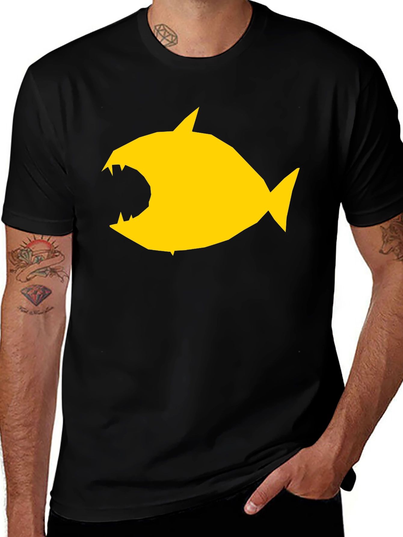 Variant 24 of Men's Black T-Shirt with Graphic Yellow Fish Design