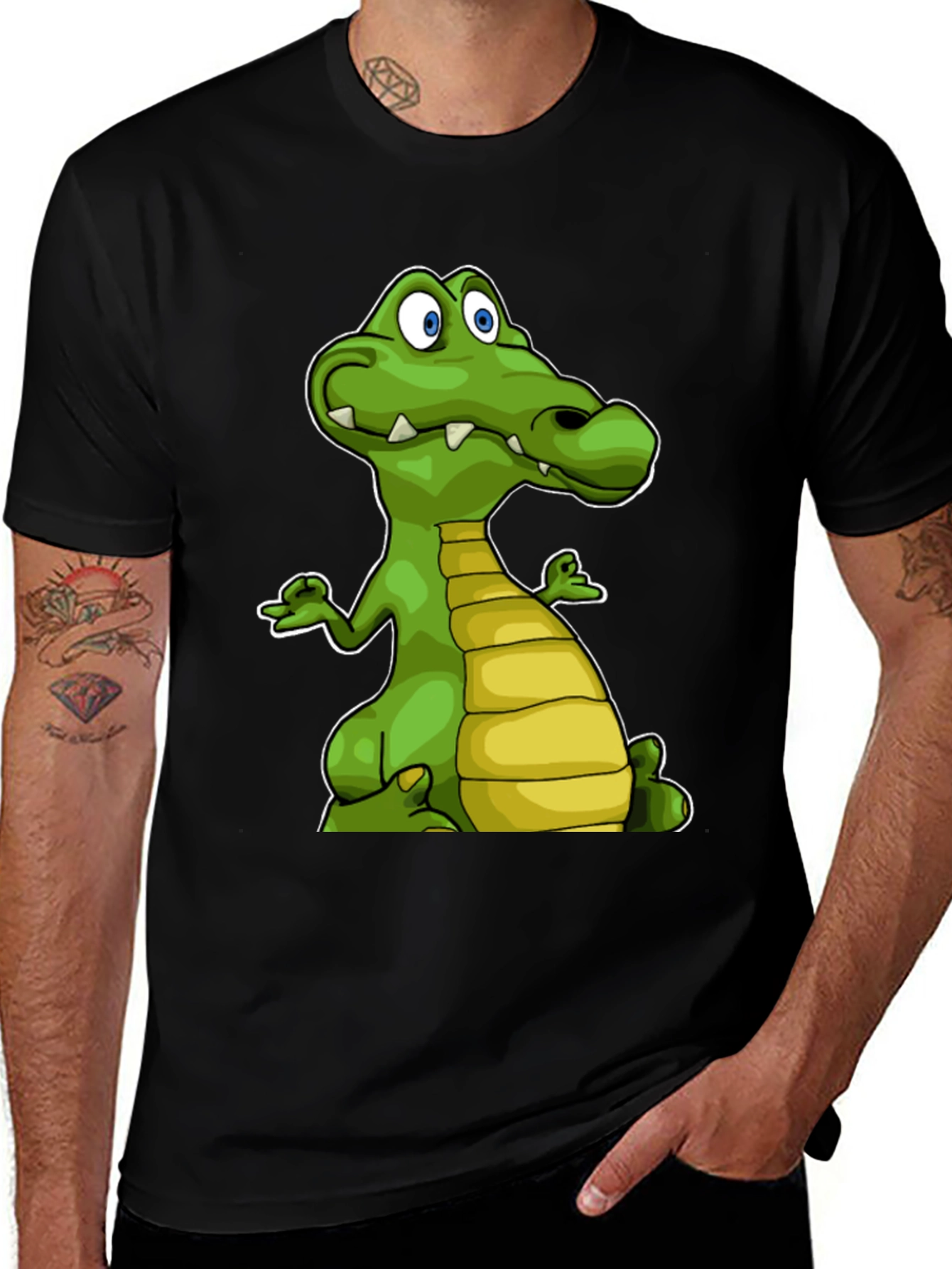 Variant 17 of Cartoon Crocodile Graphic Tee - Black Cotton T-Shirt