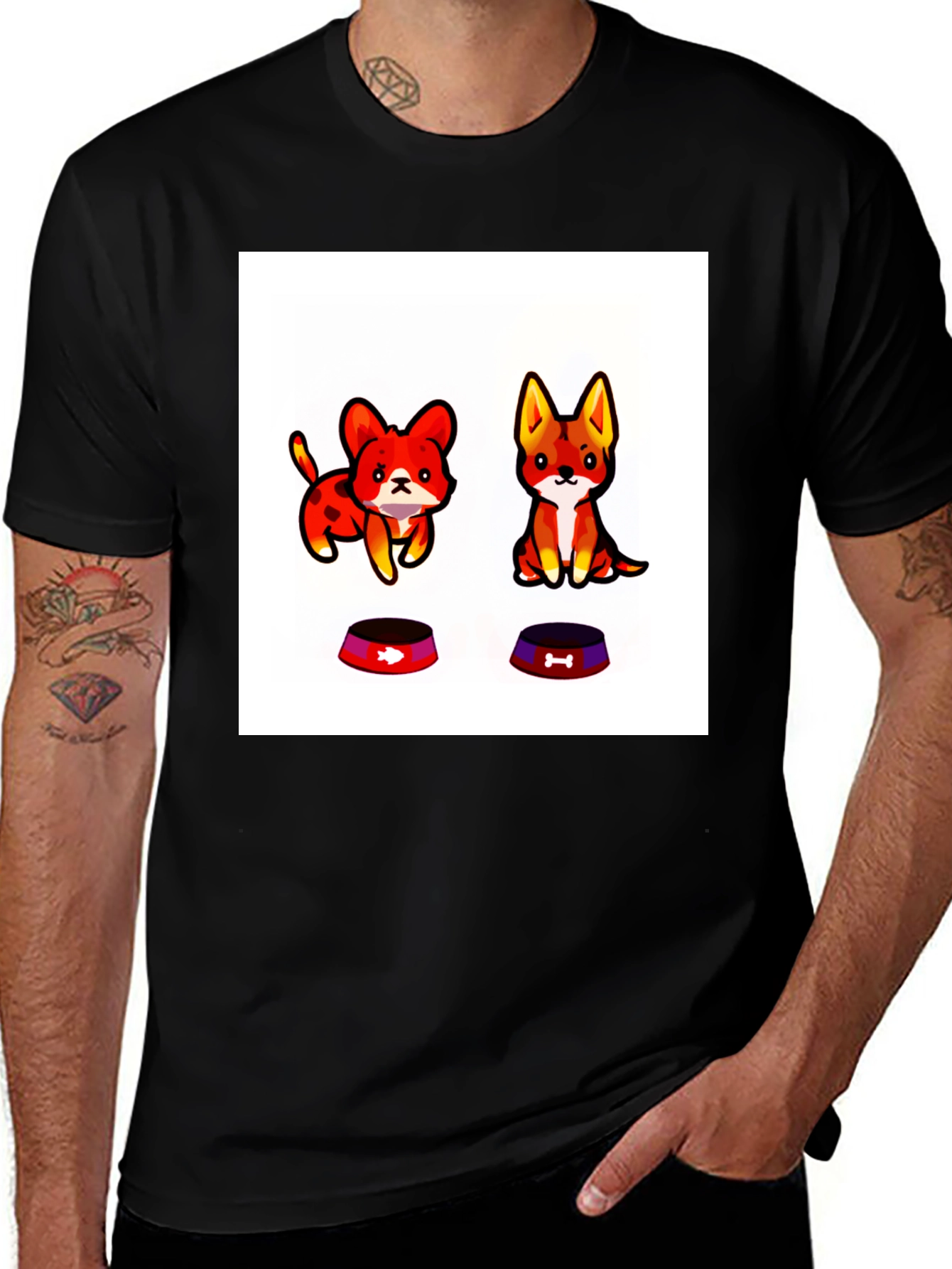 Cute Cartoon Dogs & Bowls Graphic T-Shirt