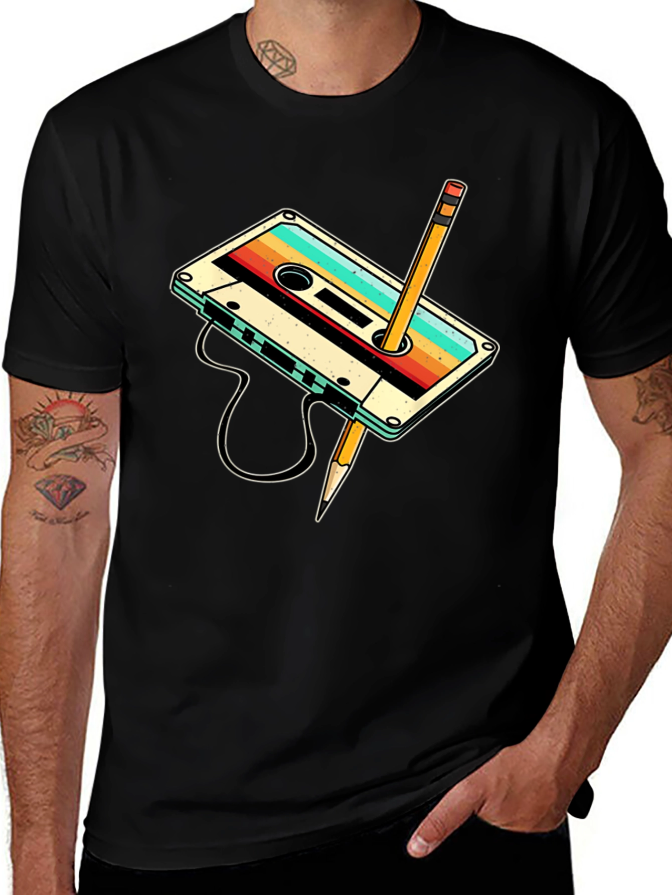 Variant 3 of Retro Cassette Tape & Pencil Graphic T-Shirt