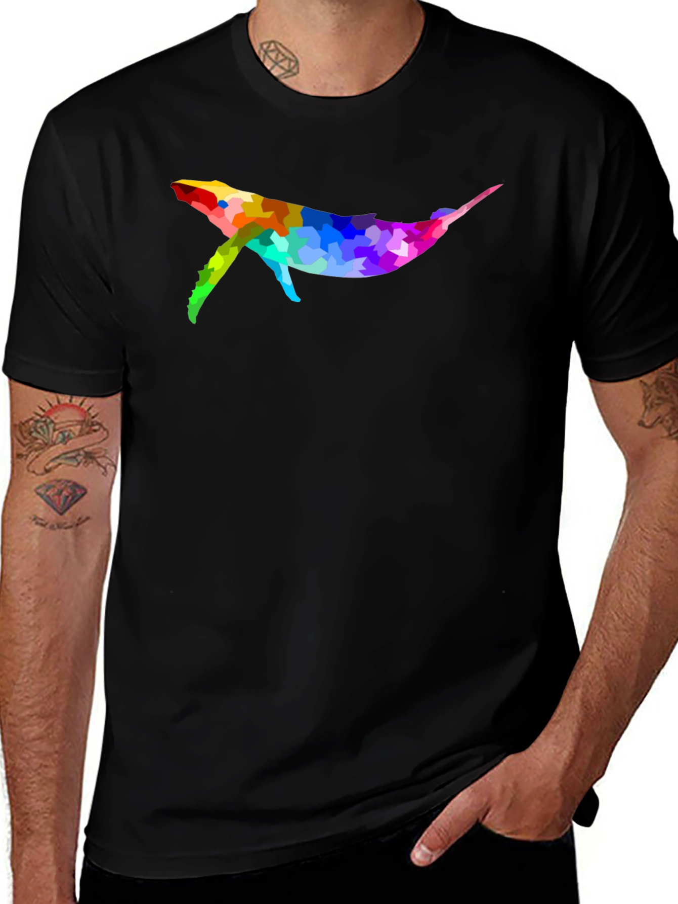 Variant 30 of Rainbow Whale Graphic Tee - Black Cotton Casual T-Shirt