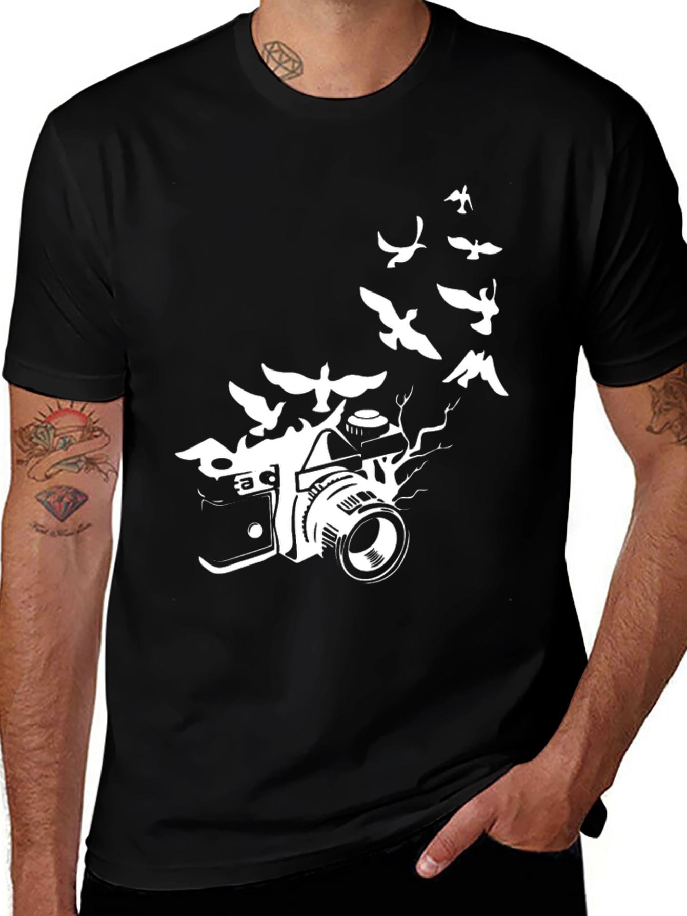 Camera & Birds Graphic Tee - Artistic Black T-Shirt