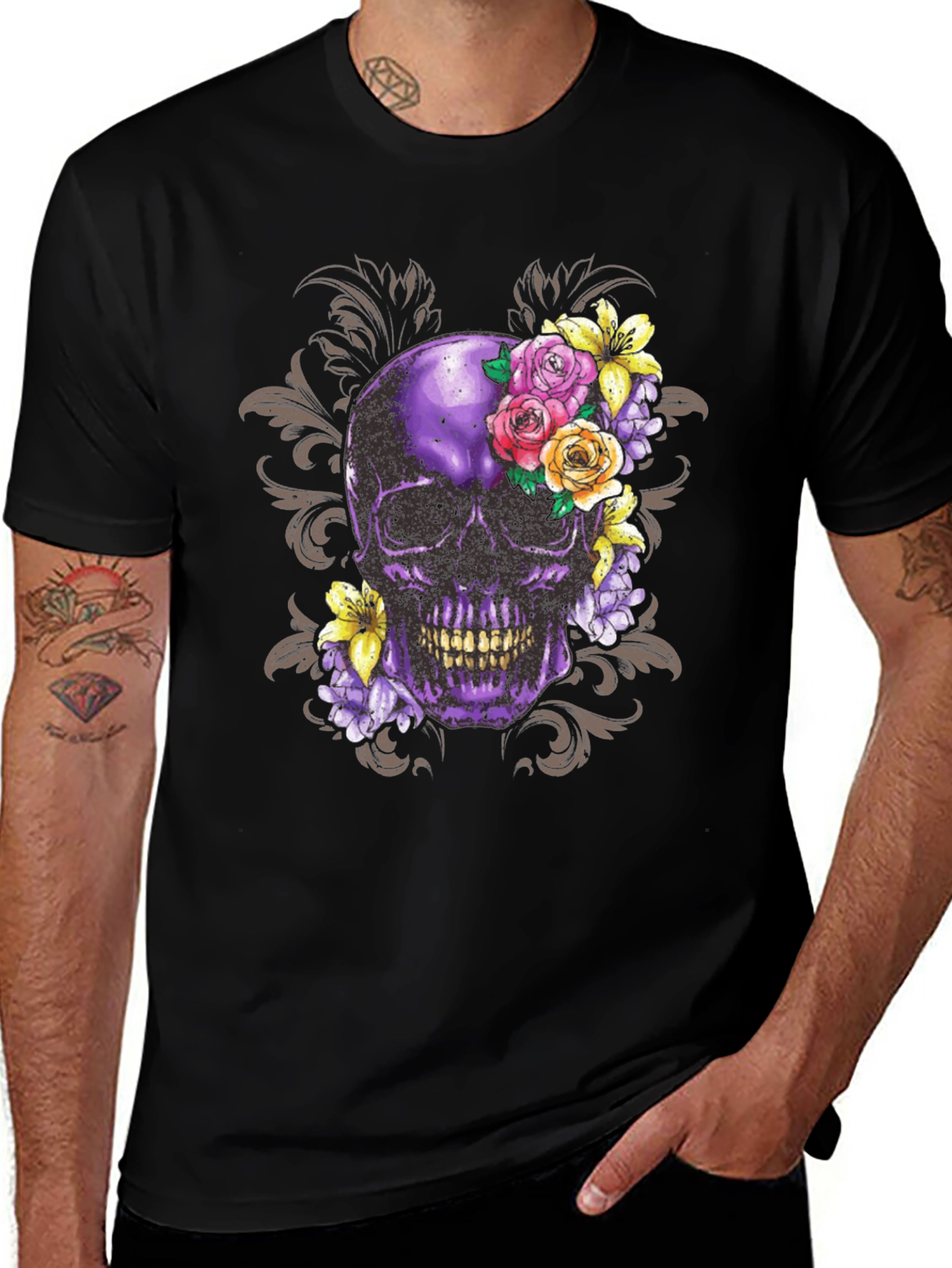 Floral Skull Graphic Tee - Dark Goth Style Shirt