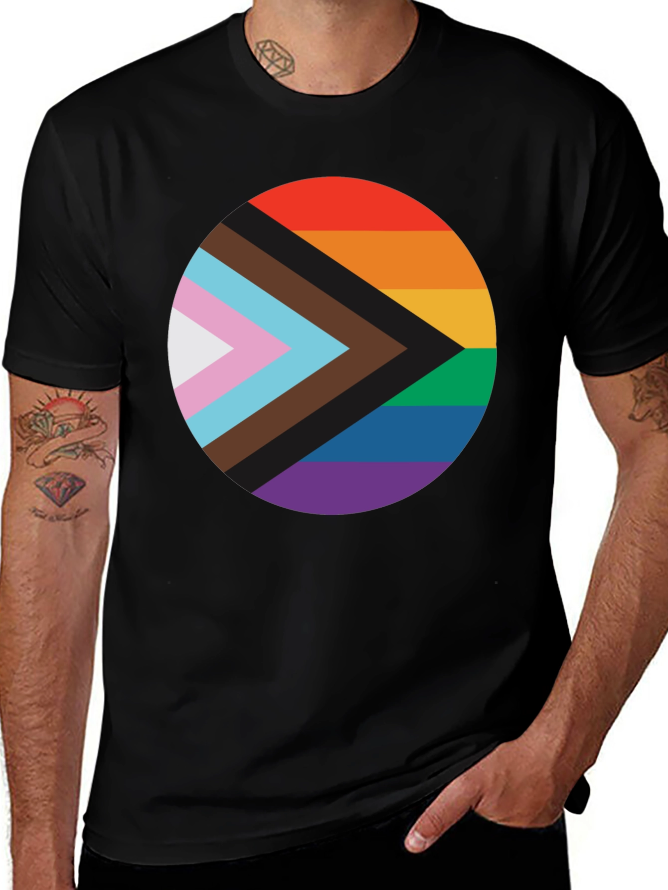 Pride Progress Flag Circle Black T-Shirt