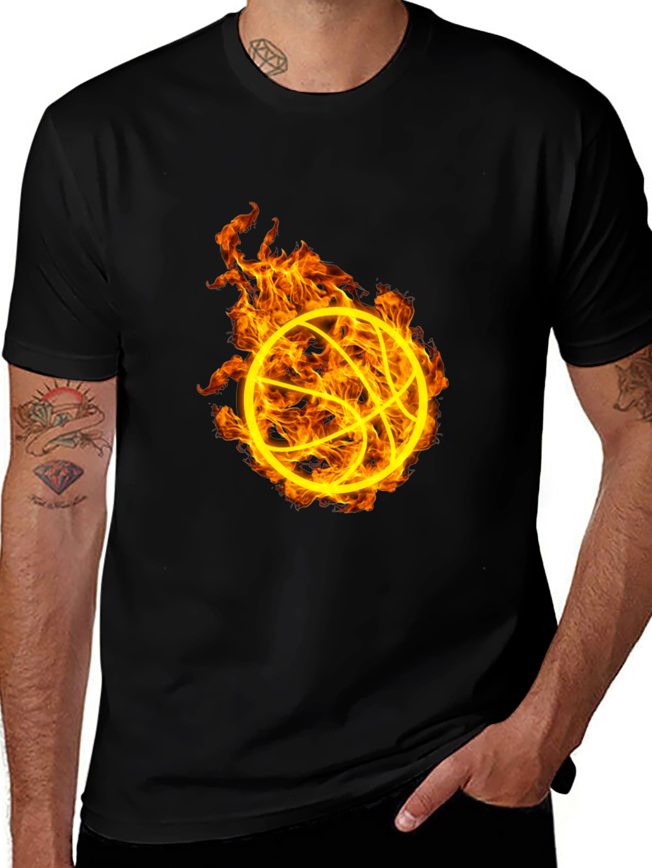 Variant 9 of Flaming Basketball Graphic Tee - Black Cotton Shirt