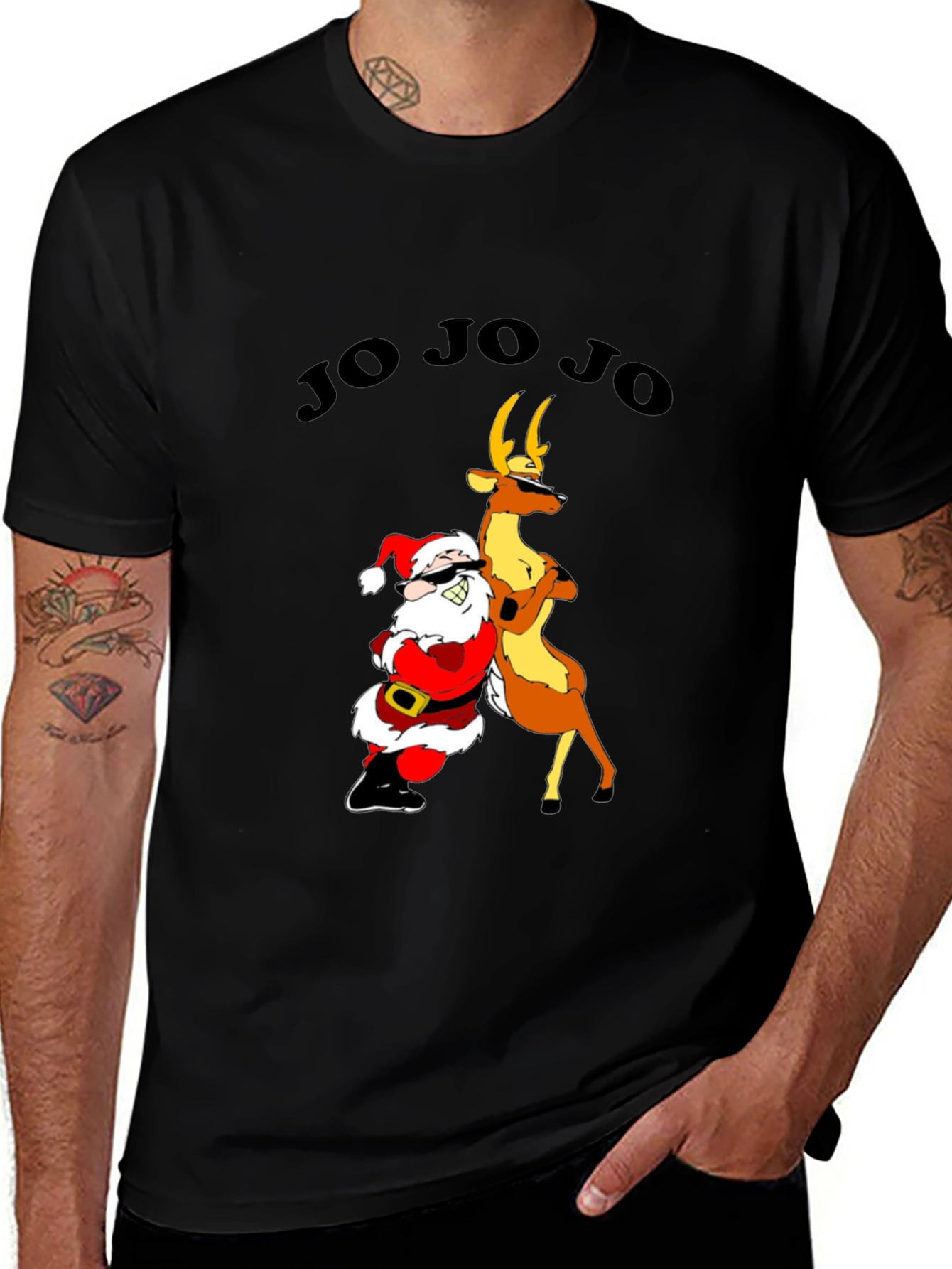 Cool Santa & Reindeer Graphic T-Shirt - Ho Ho Ho Holiday Tee