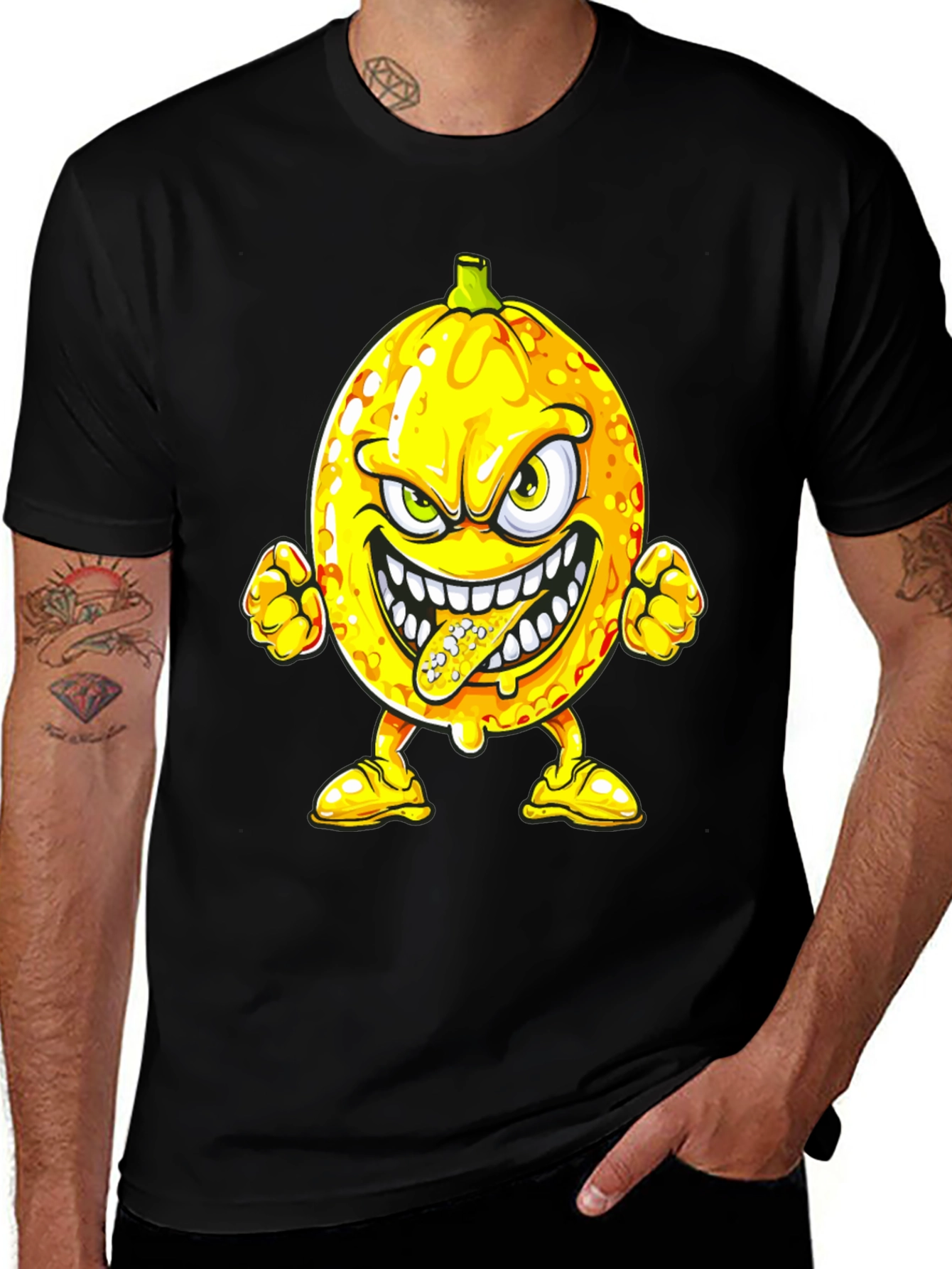 Variant 9 of Men's Black T-Shirt with Cartoon Lemon Print