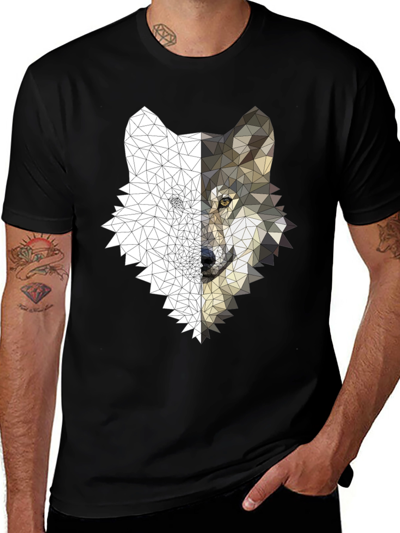 Variant 28 of Geometric Wolf Head Print Black T-Shirt