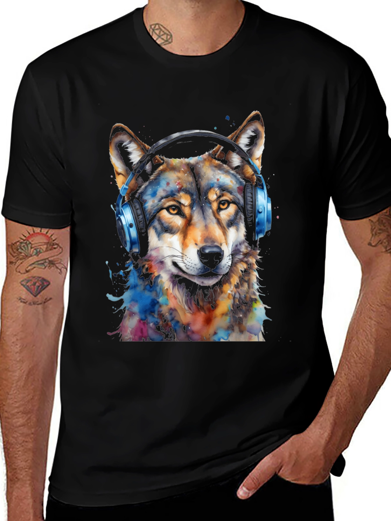 Variant 17 of Wolf Headphones Black T-Shirt