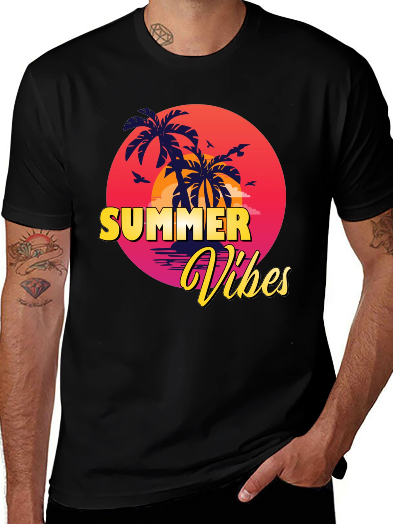 Variant 24 of Summer Vibes Black T-Shirt - Tropical Palm Tree Graphic Tee