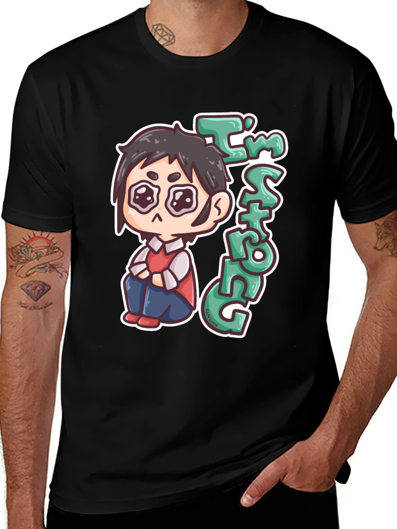 Black Chibi Anime "I'm Strong" Graphic Black T-Shirt main image