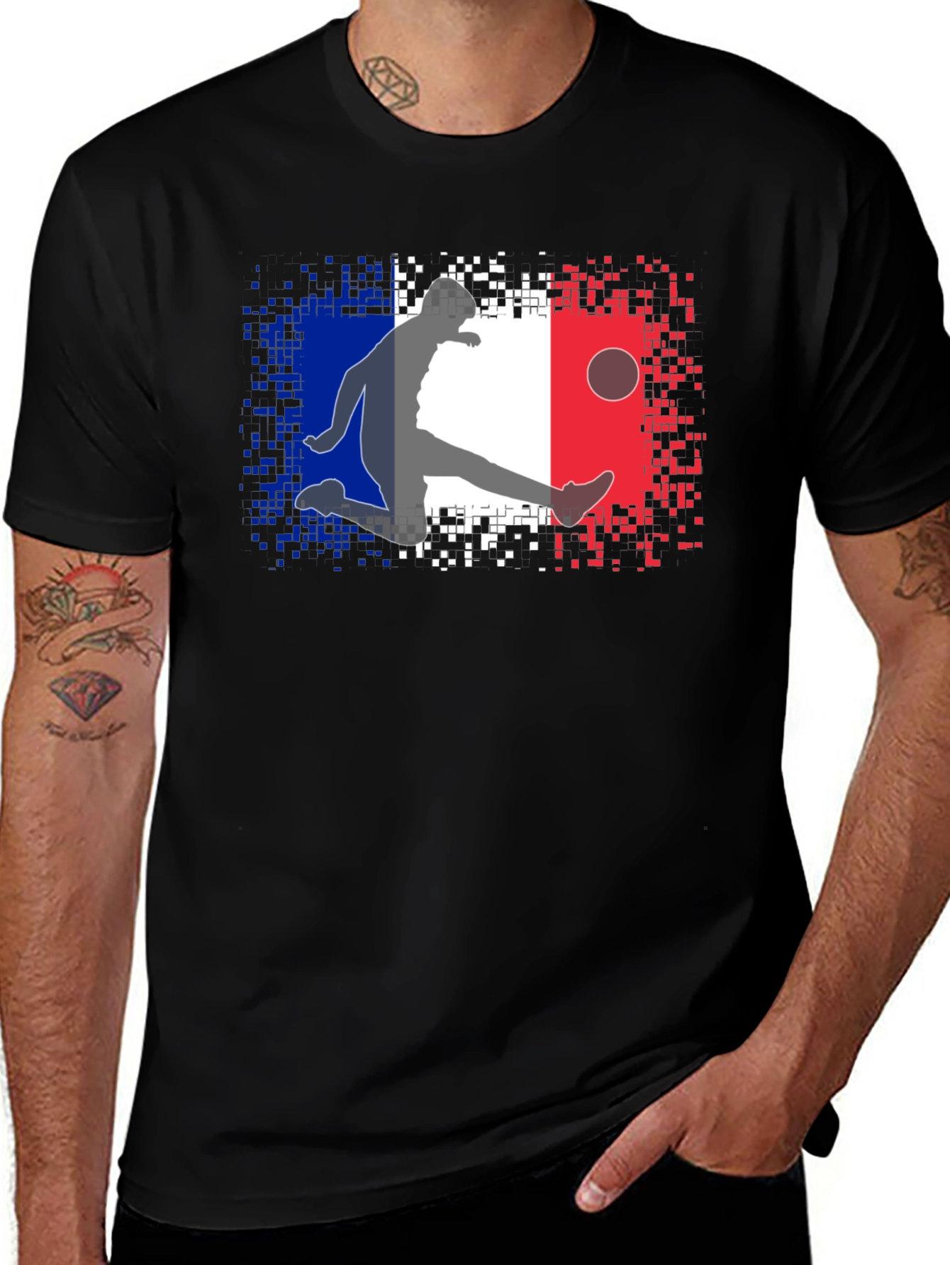 Variant 15 of French Flag Soccer Player Black T-Shirt