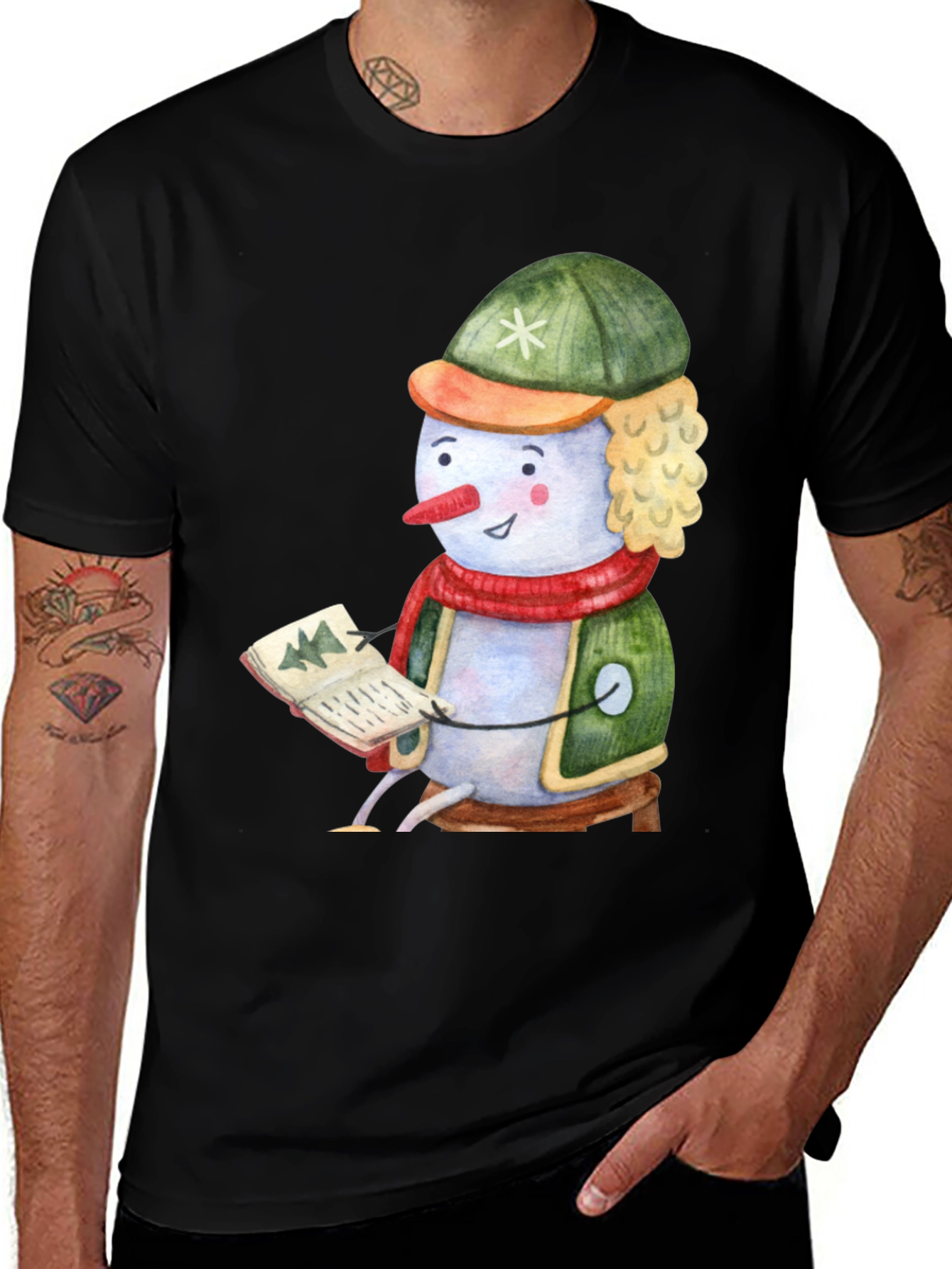 Black Festive Snowman Reading T-Shirt main image