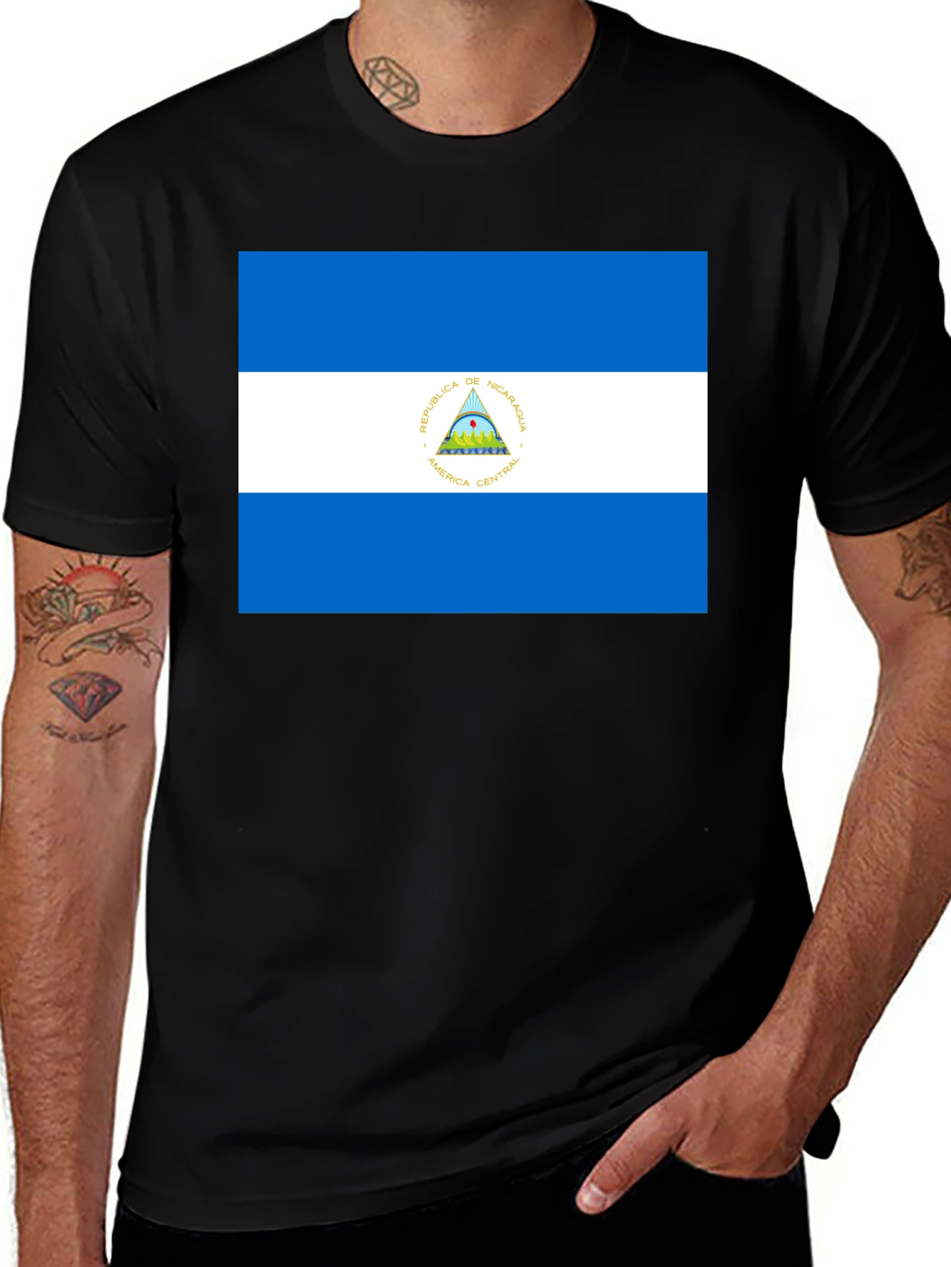 Variant 11 of Nicaragua Flag T-Shirt - Black Cotton Tee