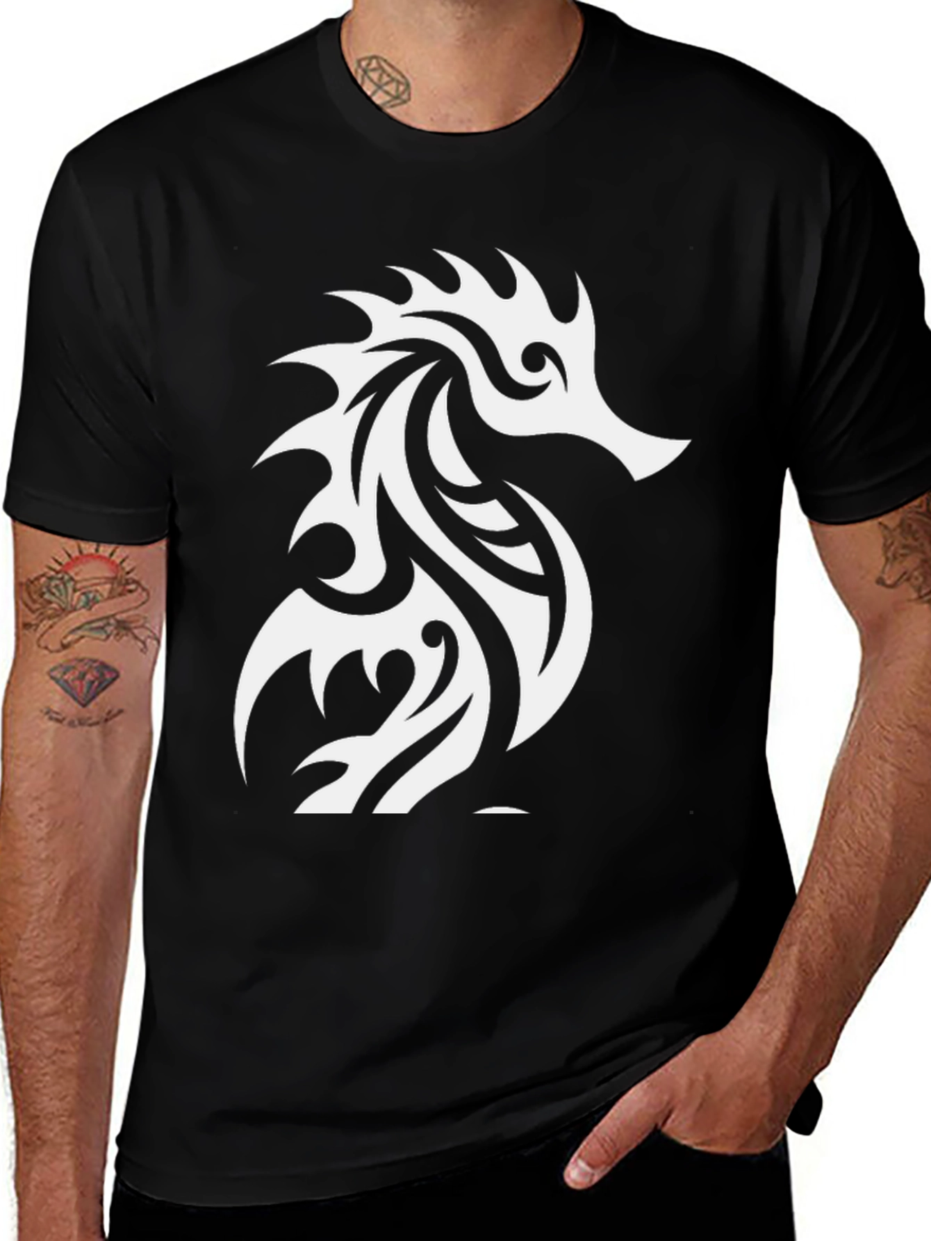 Variant 21 of Black T-Shirt with White Seahorse Graphic Print