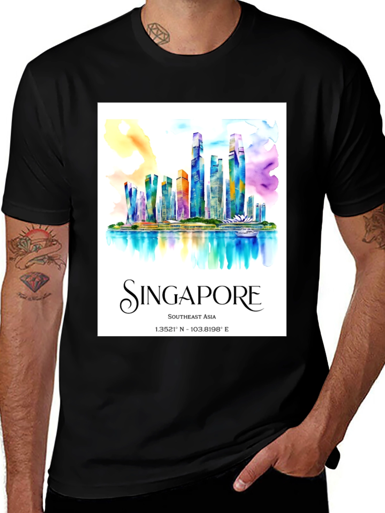Singapore Skyline Watercolor Graphic Tee - Black